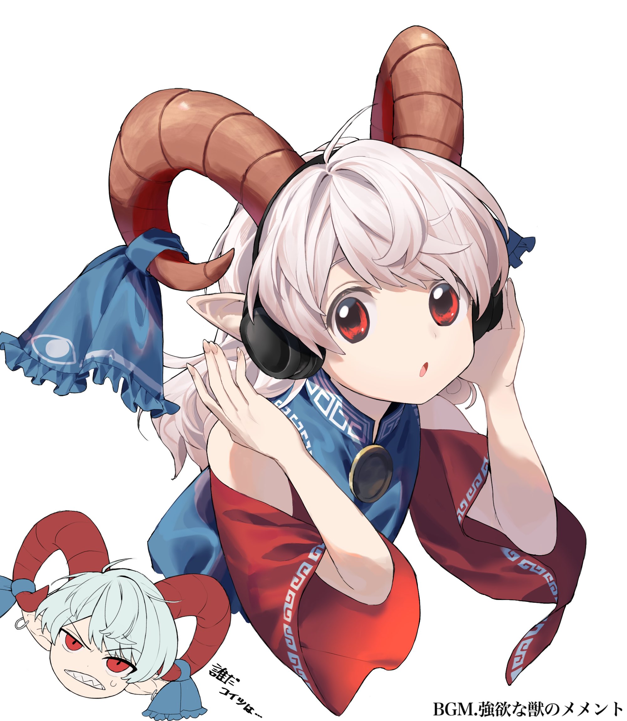 keiki8296, toutetsu yuuma, touhou, commentary request, highres, translation request, 1girl, :o, blue dress, blue shirt, clenched teeth, clothing cutout, dress, grey hair, head only, headphones, horns, long hair, looking at viewer, meandros, medium hair, multiple views, pointy ears, red eyes, red horns, sharp teeth, sheep horns, shirt, shoulder cutout, simple background, sweatdrop, teeth, v-shaped eyebrows, white background