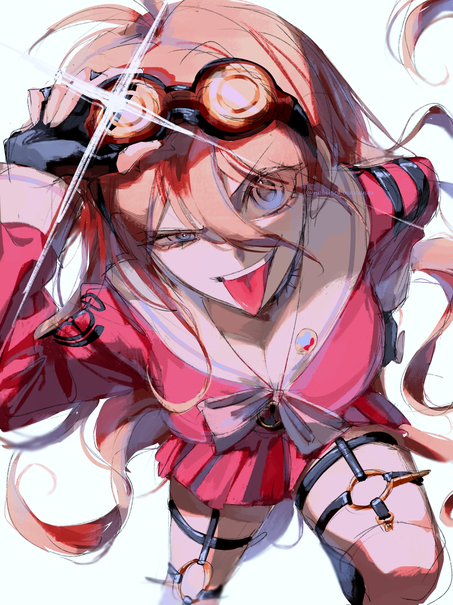 iruma miu, danganronpa (series), danganronpa v3: killing harmony, highres, 1girl, blonde hair, blue eyes, breasts, cleavage, fingerless gloves, glint, gloves, goggles, goggles on head, large breasts, long hair, long sleeves, looking at viewer, nebusokuuuuuuu, o-ring, o-ring thigh strap, pink serafuku, pink skirt, school uniform, serafuku, skirt, solo, thigh strap, tongue