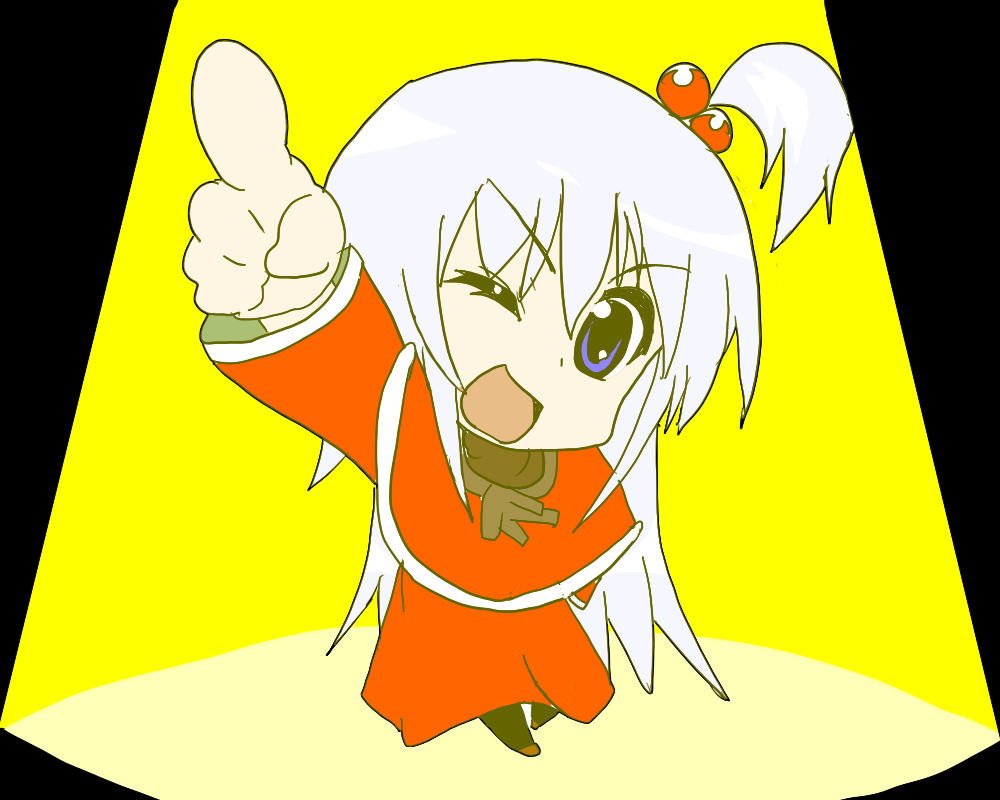 curesuto, shinki (touhou), mystic square, suzumiya haruhi-chan no yuuutsu, suzumiya haruhi no yuuutsu, touhou, touhou (pc-98), silver hair, 1girl, blue eyes, capelet, chibi, female focus, full body, hair bobbles, hair ornament, long hair, parody, pointing, side ponytail, solo, spotlight, standing, very long hair, wink