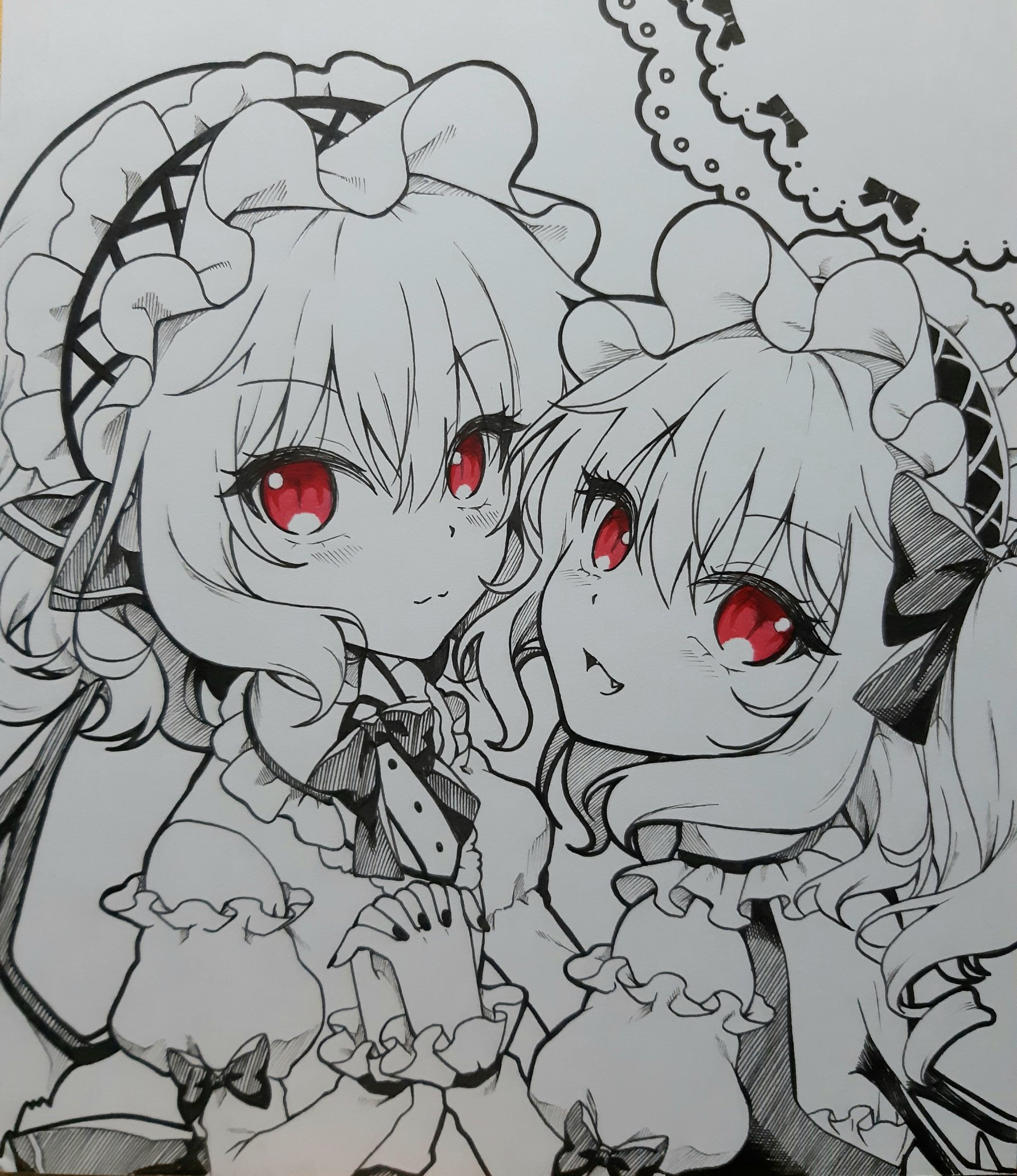 beni kurage, flandre scarlet, remilia scarlet, touhou, commentary request, highres, traditional media, 2girls, :d, back cutout, bat wings, bow, bowtie, closed mouth, clothing cutout, doily, dress, frilled dress, frilled shirt collar, frills, greyscale, hair between eyes, interlocked fingers, looking at viewer, looking back, medium hair, monochrome, multiple girls, open mouth, puffy short sleeves, puffy sleeves, red eyes, shikishi, short hair, short sleeves, siblings, sisters, smile, spot color, upper body, vest, wings