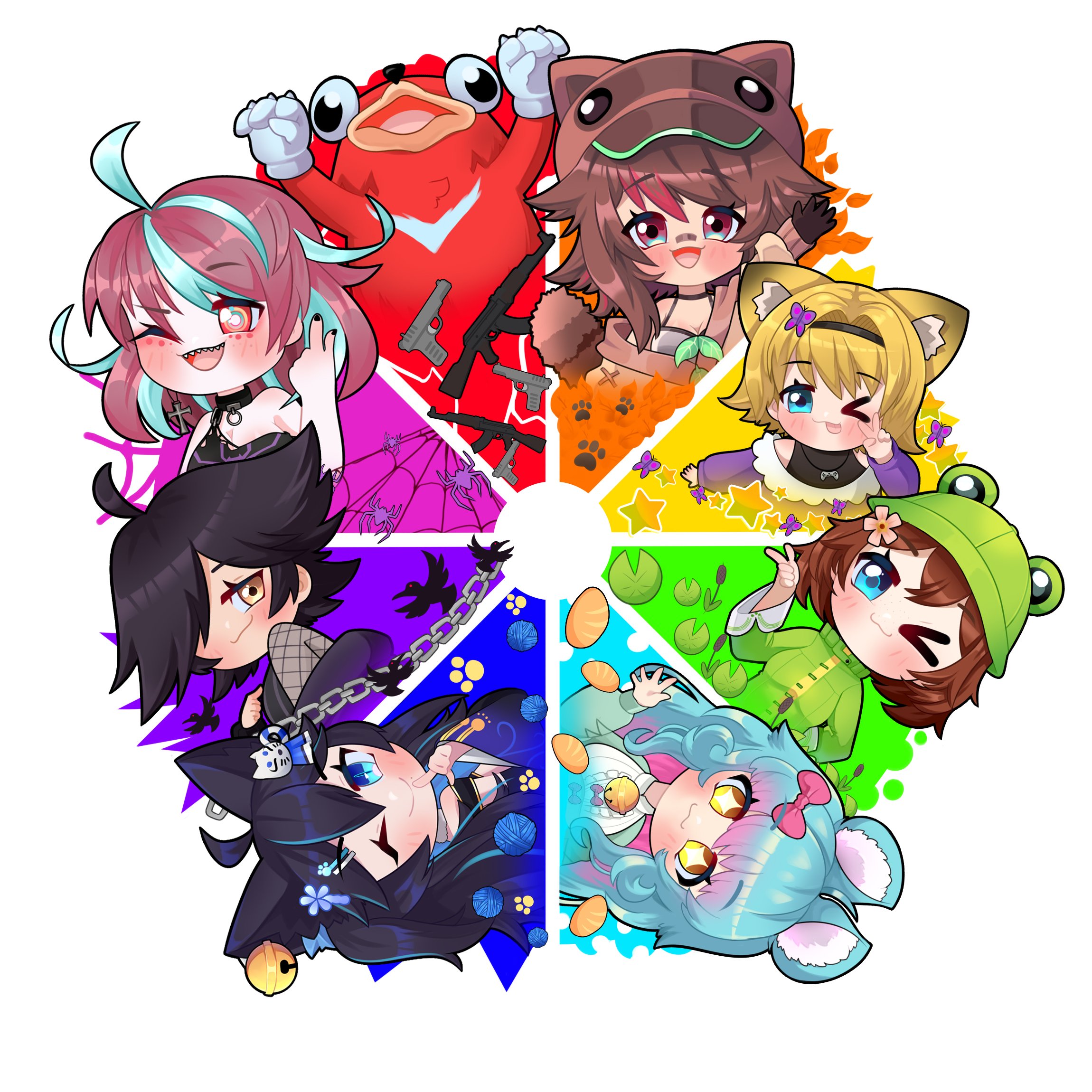 chessi (vtuber), emikukis (vtuber), karma (vtuber), knuckles the echidna, nott (vtuber), rakkun sutaru, rakkun sutaru (2nd costume), siri (vtuber), ugandan knuckles, indie virtual youtuber, owozu, sonic (series), commentary request, highres, weapon request, > o, 1boy, :3, :d, :p, ahoge, animal ear fluff, animal ears, aqua eyes, aqua hair, assault rifle, bandaid, bandaid on face, bandaid on nose, bell, black choker, black hair, black hairband, black shirt, blue eyes, blue hair, blush, bow, bread, brown hair, brown hat, butterfly hair ornament, cat ears, cat girl, center frills, chibi, choker, color coordination, color wheel challenge, colored tips, cross, cross earrings, dress, earrings, facial mark, finger gun, finger to mouth, fishnet sleeves, fishnets, flipped hair, flower, food, frills, frog girl, gloves, gradient hair, green jacket, gun, hair bell, hair bow, hair flower, hair ornament, hair over one eye, hairband, hairclip, handgun, hat, imars, jacket, japanese clothes, jewelry, jingle bell, kimono, lily pad, long hair, looking at viewer, mark under eye, medium hair, meme, milly (millymusiic), mouse ears, mouse girl, multicolored eyes, multicolored hair, multiple drawing challenge, multiple girls, necklace, off-shoulder dress, off shoulder, one eye closed, open mouth, parallel hairclips, paw print, pink bow, pink hair, purple dress, raccoon girl, raccoon hat, raccoon tail, red eyes, red fur, red hair, rifle, shirt, short hair, shushing, silk, slit pupils, smile, smirk, smug, spanish commentary, sparkling eyes, spider web, spiked gloves, star (symbol), streaked hair, tail, tongue, tongue out, undershirt, v, virtual youtuber, waving, weapon, wheel, white background, white shirt, yarn, yarn ball, yellow eyes, zilverk