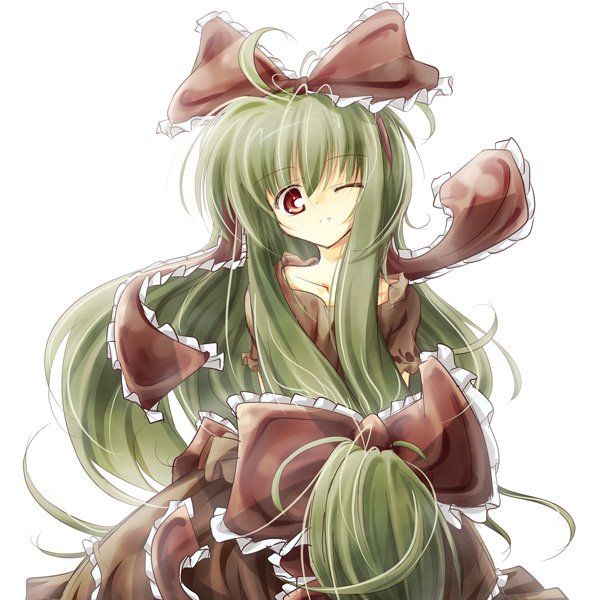 itsutsuki, kagiyama hina, touhou, bad id, bad pixiv id, 1girl, arms behind back, collarbone, female focus, frills, front ponytail, green hair, hair ribbon, long hair, one eye closed, red eyes, ribbon, simple background, solo, very long hair, wink