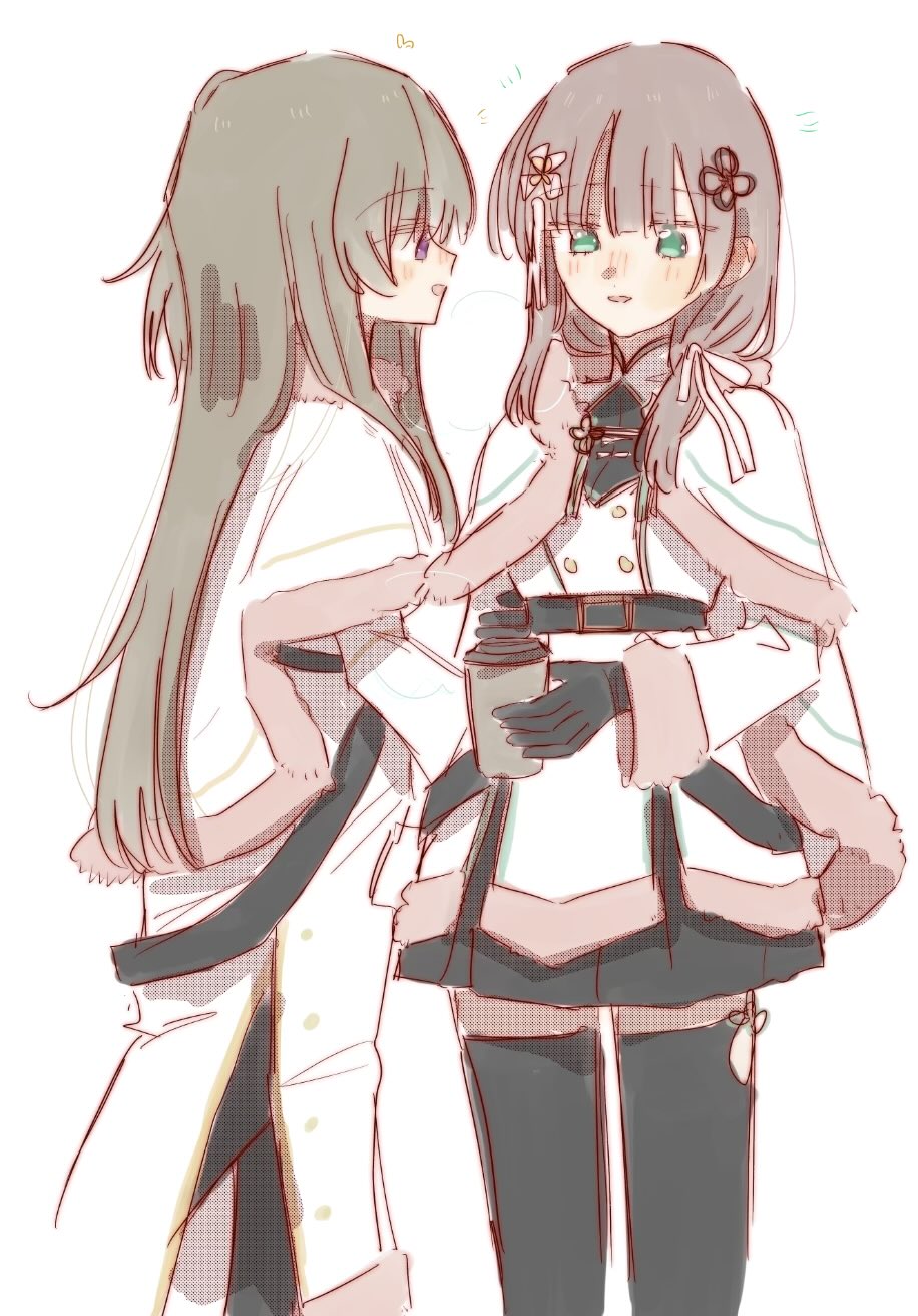 rui rui rui0122, kuo shenlin, wang yujia, assault lily, commentary, highres, 2girls, belt, belt buckle, black belt, black gloves, black hair, black pantyhose, black skirt, blunt bangs, blush, breath, brown hair, buckle, buttons, cape, coat, cowboy shot, double-breasted, flower, flower knot, fur-trimmed cape, fur-trimmed coat, fur-trimmed jacket, fur-trimmed sleeves, fur trim, gloves, green eyes, hair flower, hair ornament, hair over shoulder, hair ribbon, hand up, high belt, holding, holding thermos, jacket, long hair, long sleeves, looking at another, miniskirt, multiple girls, nose blush, notice lines, official alternate costume, pantyhose, parted lips, pleated skirt, purple eyes, ribbon, side slit, simple background, skirt, smile, standing, thermos, thighhighs, white background, white cape, white coat, white flower, white jacket, white ribbon, zettai ryouiki