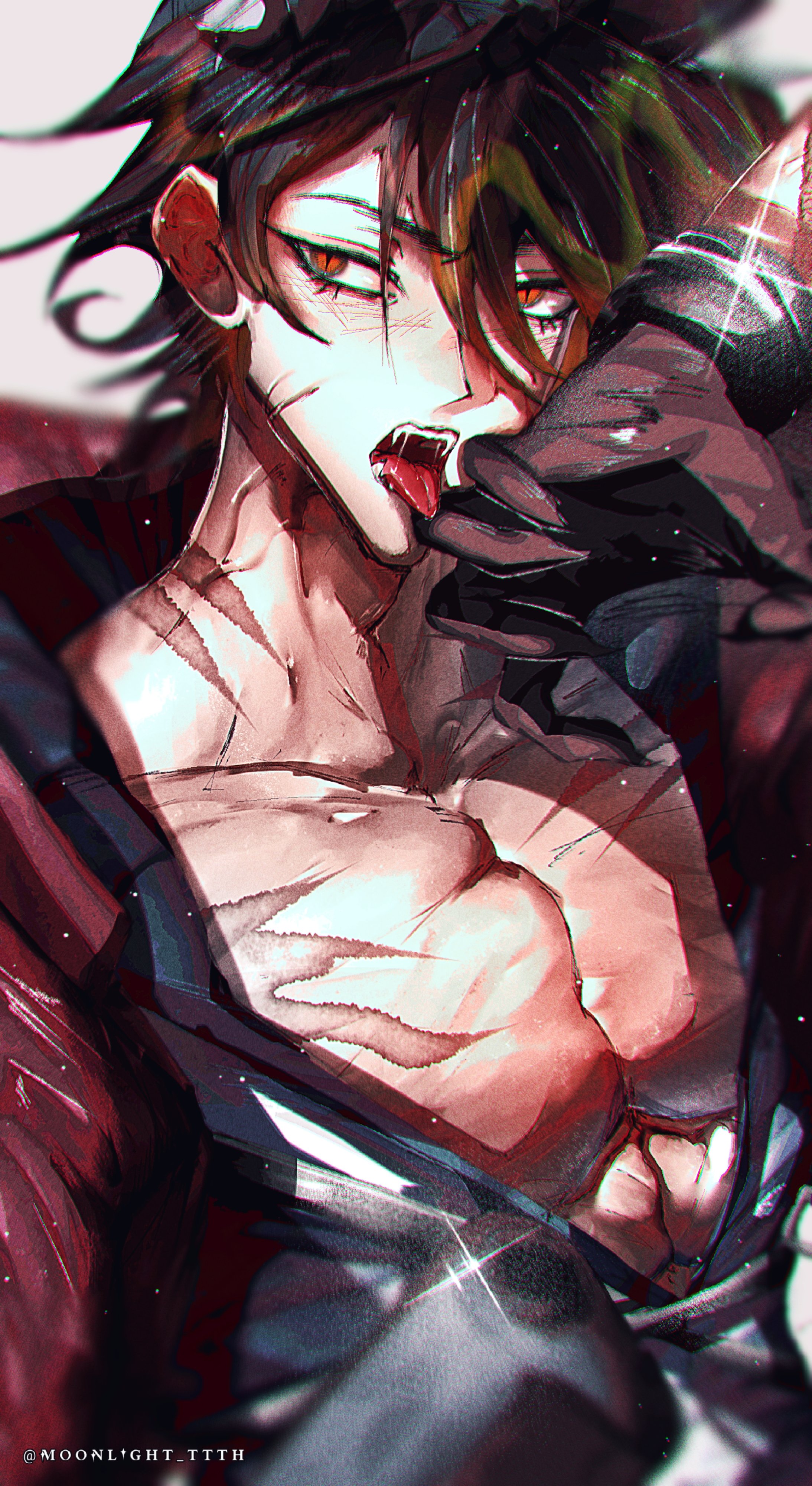 blue moon (artist), wulfgard (arknights), arknights, arknights: endfield, absurdres, hashtag-only commentary, highres, 1boy, animal ears, belt, black gloves, black hair, brown eyes, facial scar, fangs, gloves, hair between eyes, hand on own head, jacket, looking to the side, male focus, open mouth, pectoral cleavage, pectorals, red jacket, scar, scar on cheek, scar on chest, scar on face, solo, upper body, wolf boy, wolf ears