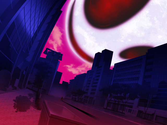takeuchi takashi, night of wallachia, melty blood, tsukihime, type-moon, game cg, official art, 00s, 1boy, :d, building, city, cloud, dutch angle, lamppost, monster, open mouth, outdoors, pink sky, red eyes, road, shadow, silhouette, sky, smile, standing, street, tree
