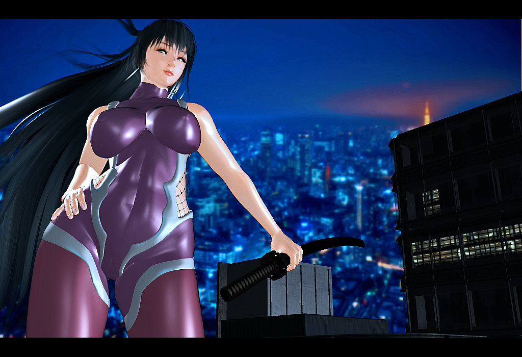 kill the king, taimanin (series), taimanin asagi, 1girl, bare shoulders, black hair, bodysuit, breasts, building, city, cityscape, fishnets, hand on own hip, holding, holding weapon, katana, large breasts, letterboxed, long hair, night, ninja, purple bodysuit, skin tight, skyscraper, solo, sword, very long hair, weapon