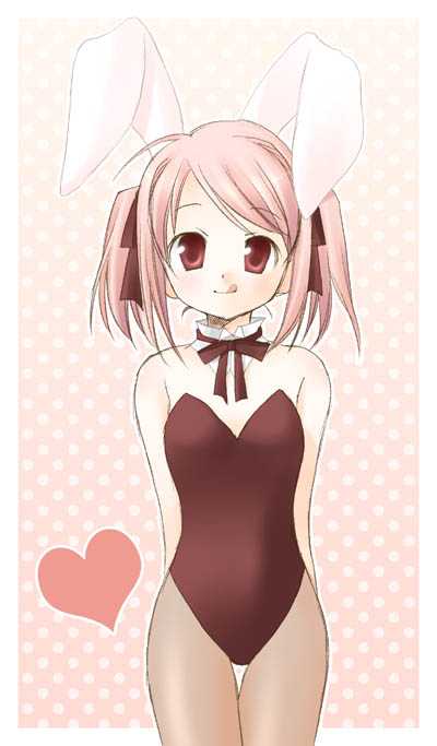 artist request, character request, copyright request, 1girl, :p, animal ears, arms behind back, black leotard, black ribbon, blush, breasts, detached collar, fake animal ears, female focus, hair ribbon, heart, leotard, looking at viewer, neck ribbon, pantyhose, pink background, pink hair, playboy bunny, polka dot, polka dot background, rabbit ears, red eyes, ribbon, short hair, small breasts, smile, solo, standing, strapless, strapless leotard, tongue, tongue out, twintails