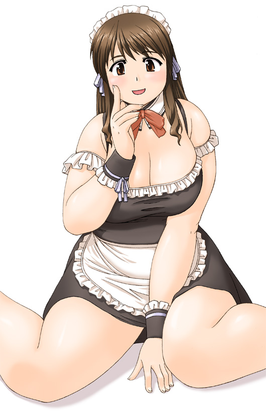 katou (katohayabusa), 1girl, blush, breasts, brown eyes, brown hair, cleavage, female focus, large breasts, long hair, looking at viewer, maid, open mouth, plump, sitting, smile, solo