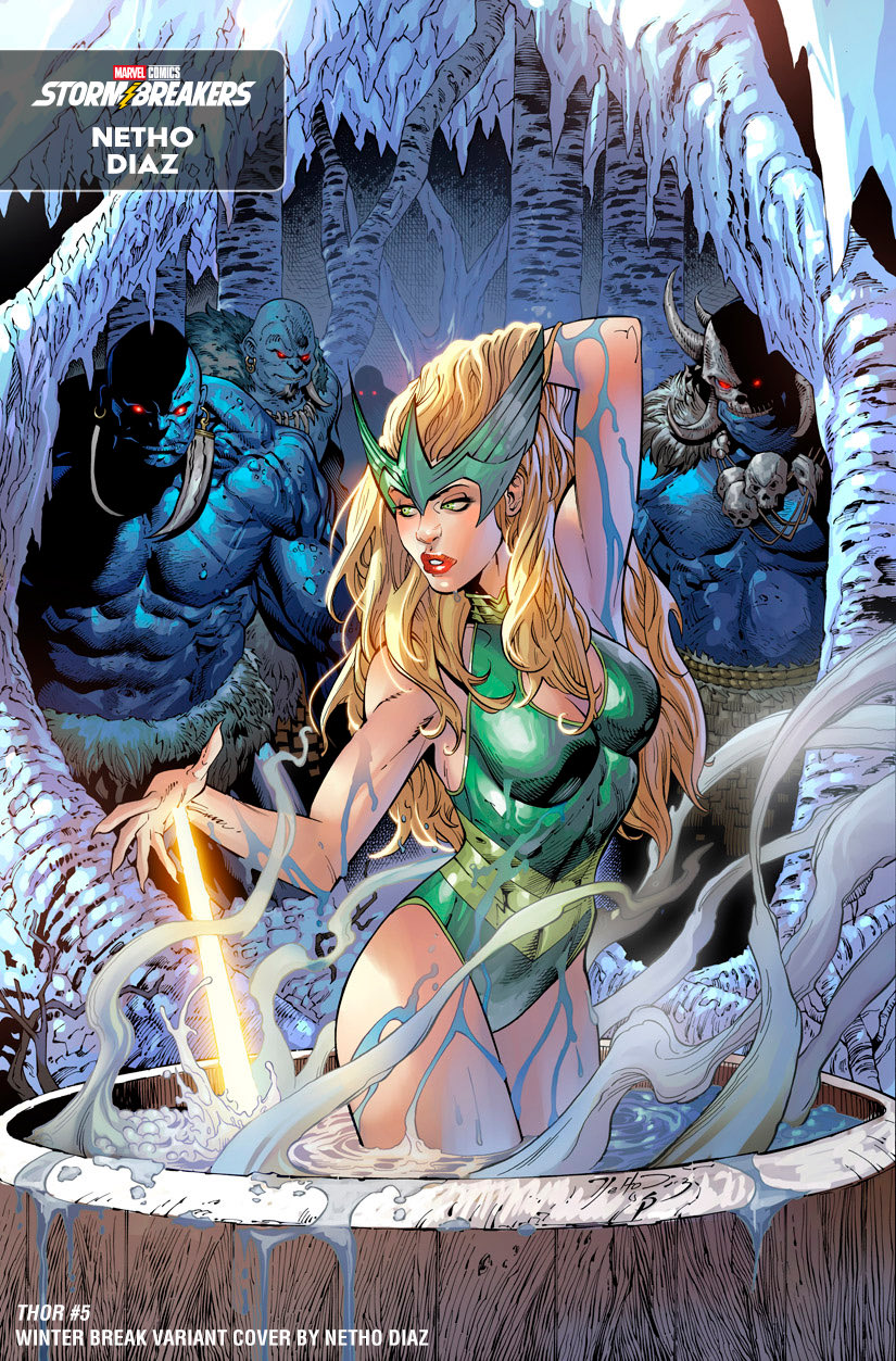 nethodiazz, enchantress (marvel), marvel, thor (marvel) (series), comic cover, commentary, english commentary, highres, official art, 1girl, 4boys, abs, artist name, blonde hair, blue skin, breasts, cleavage, cleavage cutout, clothing cutout, colored skin, copyright name, cover, cover page, earrings, glowing, glowing eyes, green eyes, green one-piece swimsuit, green tiara, hand in own hair, jewelry, large breasts, long hair, looking to the side, magic, makeup, multiple boys, muscular, muscular male, navel, necklace, one-piece swimsuit, parted lips, pelt, red eyes, red lips, skull necklace, snow, solo focus, steam, swimsuit, tooth necklace, topless male, western comics (style), wet