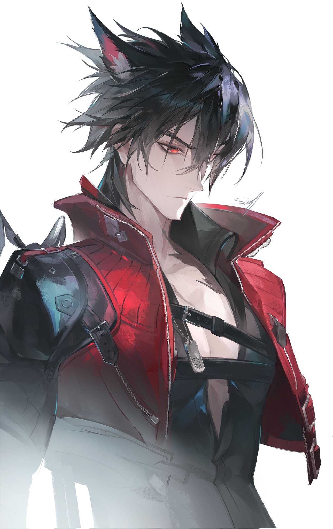 wulfgard (arknights), arknights, arknights: endfield, commentary, english commentary, highres, 1boy, animal ears, belt, black belt, black gloves, black hair, brown eyes, chest belt, cropped jacket, facial scar, gloves, hair between eyes, jacket, male focus, pectoral cleavage, pectorals, red jacket, scar, scar on cheek, scar on chest, scar on face, simple background, sollvarti, solo, tail, upper body, white background, wolf boy, wolf ears