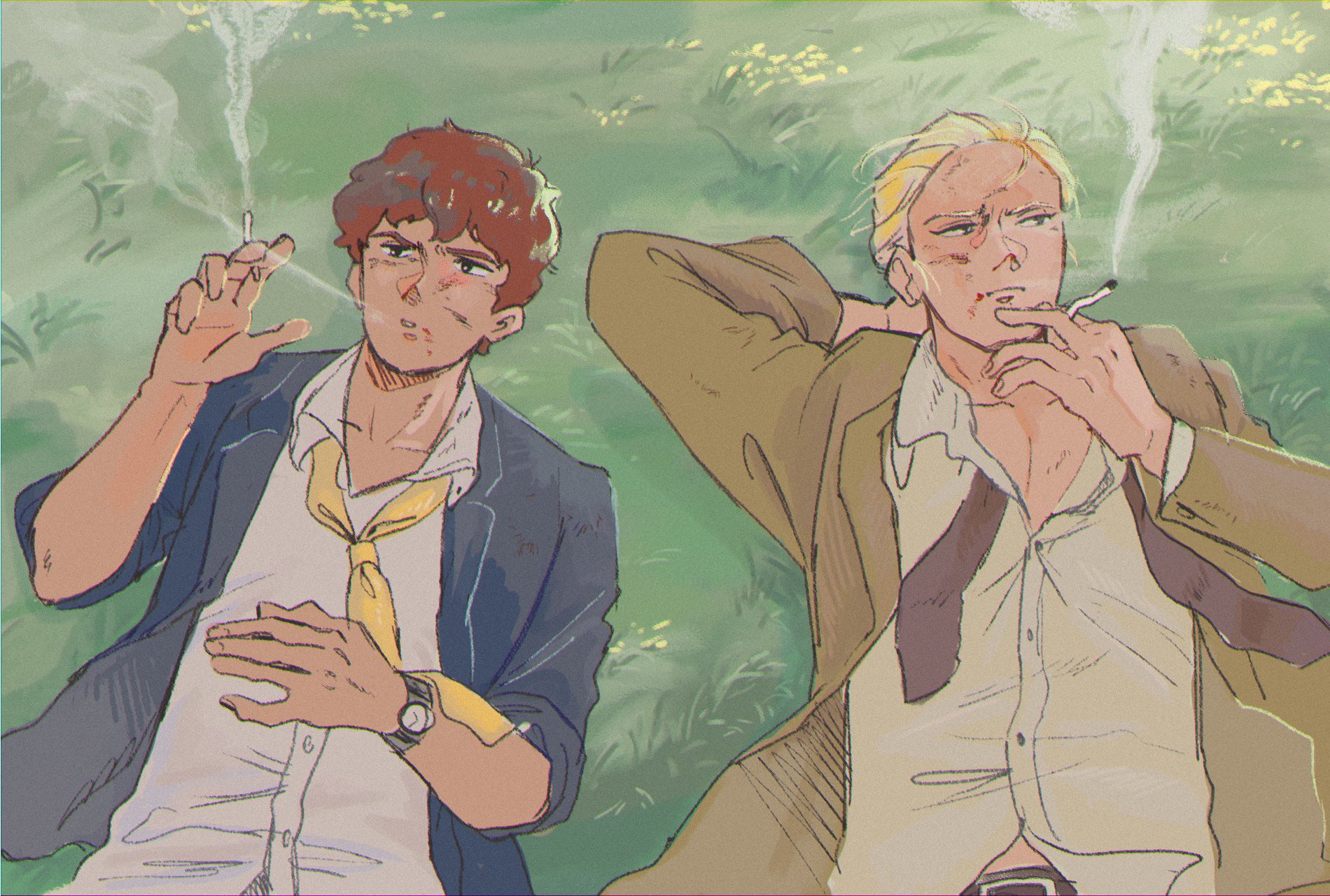 amuro ray, char aznable, char's counterattack, gundam, commentary request, highres, 2boys, blonde hair, bruise, bruise on face, cigarette, implied after sex, injury, jacket, lying, multiple boys, neckerchief, on back, open clothes, open jacket, posssari, scene reference, shirt, sketch, smoking, white shirt, yellow jacket, yellow neckerchief