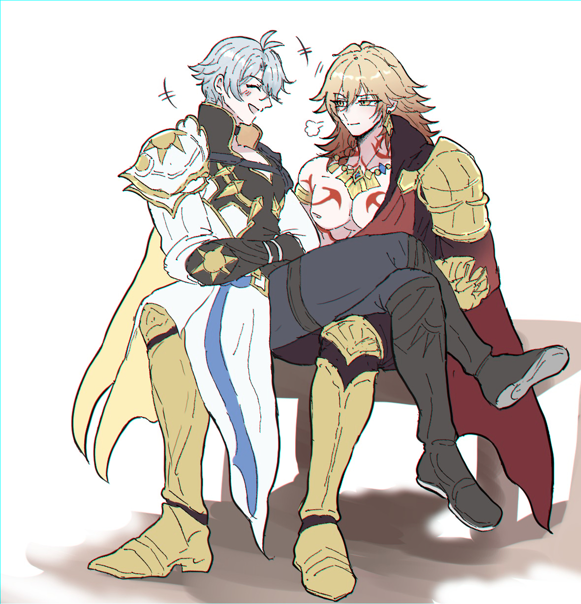 mydei (honkai: star rail), phainon (honkai: star rail), honkai: star rail, honkai (series), commentary request, highres, 2boys, antenna hair, arm tattoo, armlet, armor, armored boots, black boots, black choker, black coat, black pants, black shirt, blonde hair, blush, boots, braid, chest tattoo, choker, clawed gauntlets, closed eyes, coat, earrings, facial tattoo, gold earrings, gold necklace, gradient hair, jewelry, knee boots, looking at another, male focus, medium hair, multicolored hair, multiple boys, neck tattoo, necklace, open clothes, open coat, pants, parted bangs, pauldrons, puff of air, red hair, red tattoo, religion1, shirt, short hair, shoulder armor, side braid, single pauldron, sitting, sitting on lap, sitting on person, tattoo, white coat, white hair, yaoi, yellow eyes