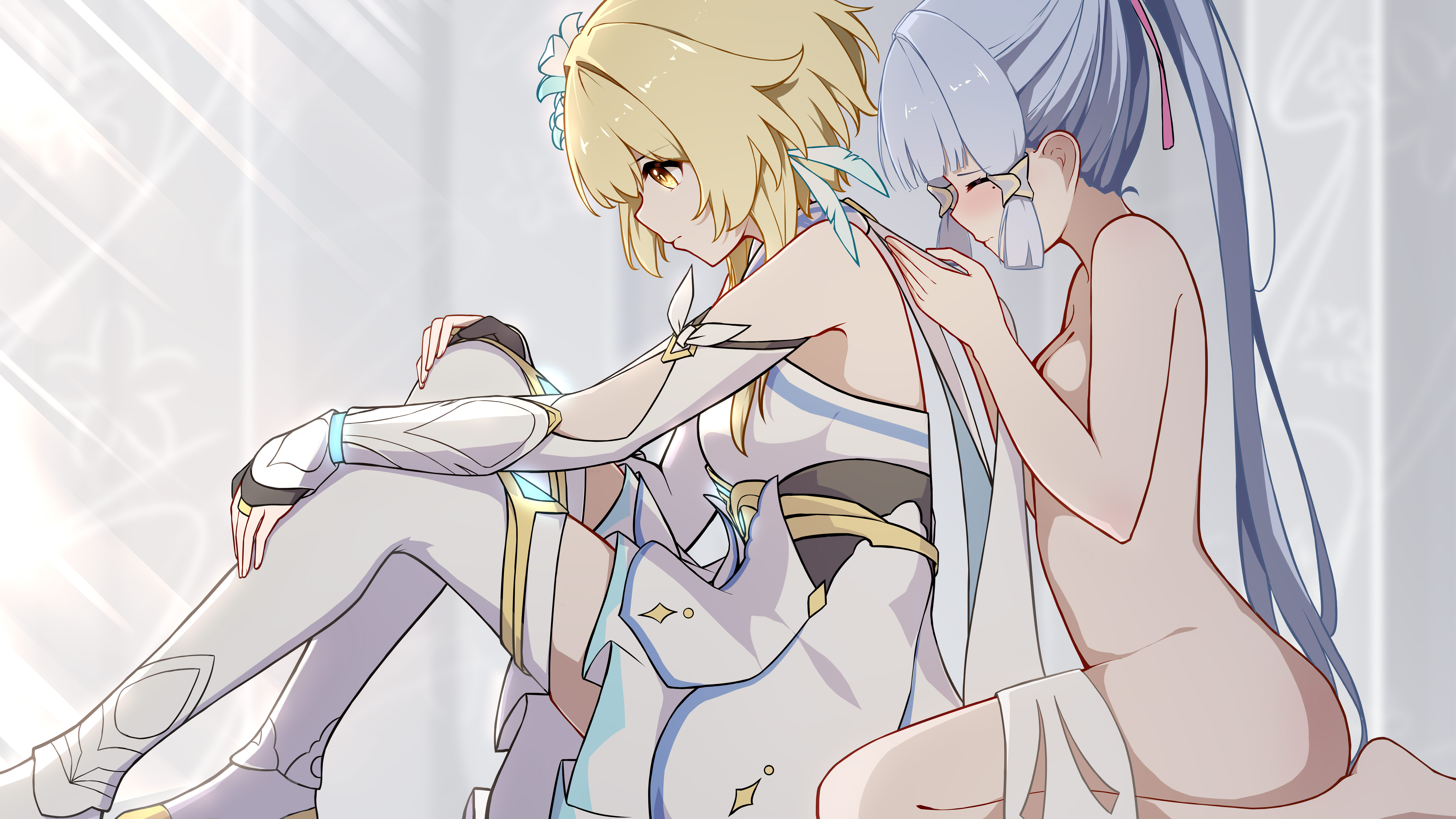 mxirony, ayaka (genshin impact), lumine (genshin impact), genshin impact, absurdres, commentary request, highres, 2girls, black gloves, blonde hair, blue hair, blush, breasts, closed eyes, closed mouth, completely nude, dress, flower, gloves, hair between eyes, hair flower, hair ornament, long hair, mole, mole under eye, multiple girls, nude, thighhighs, white dress, white sleeves, white thighhighs, yellow eyes, yuri