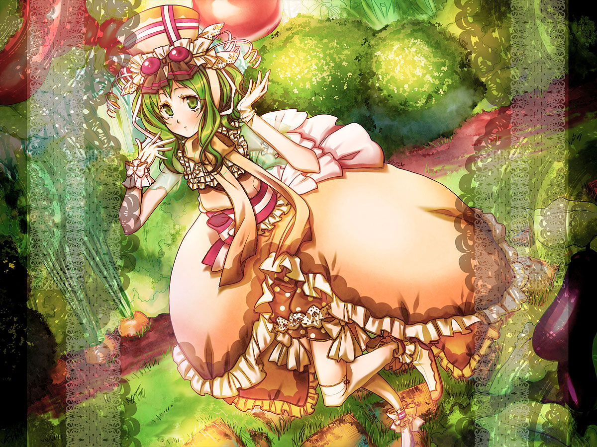 suou sakura, gumi, vocaloid, bad id, bad pixiv id, 1girl, blush, bubble skirt, carrot, dress, female focus, gloves, goggles, green eyes, green hair, hat, matching hair/eyes, orange dress, ribbon, short hair, skirt, solo, thighhighs