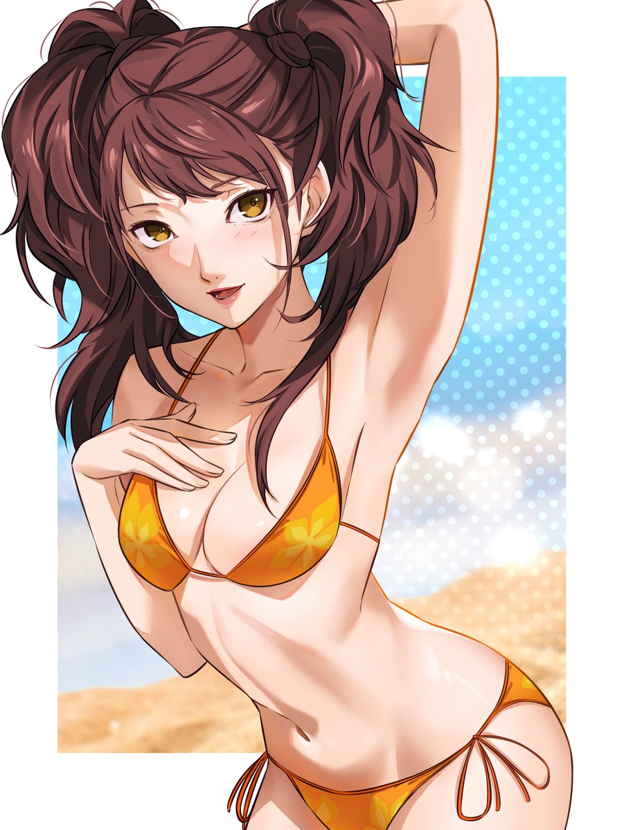wanderstillart, kujikawa rise, persona, persona 4, commentary, english commentary, 1girl, arm up, armpits, beach, bikini, breasts, brown eyes, brown hair, cleavage, happy, long hair, looking at viewer, ocean, orange bikini, simple background, swimsuit, twintails
