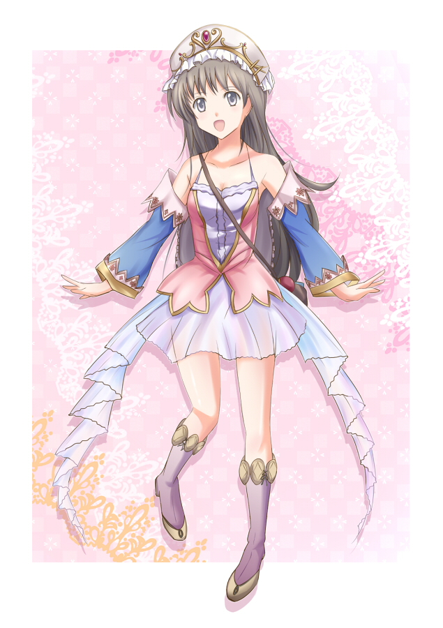 shizufa, totooria helmold, atelier (series), atelier totori, 1girl, :d, bag, bare shoulders, bonnet, boots, breasts, brown hair, cleavage, detached sleeves, dress, female focus, full body, hat, long hair, looking at viewer, miniskirt, open mouth, outside border, shoulder bag, skirt, smile, solo, thigh gap