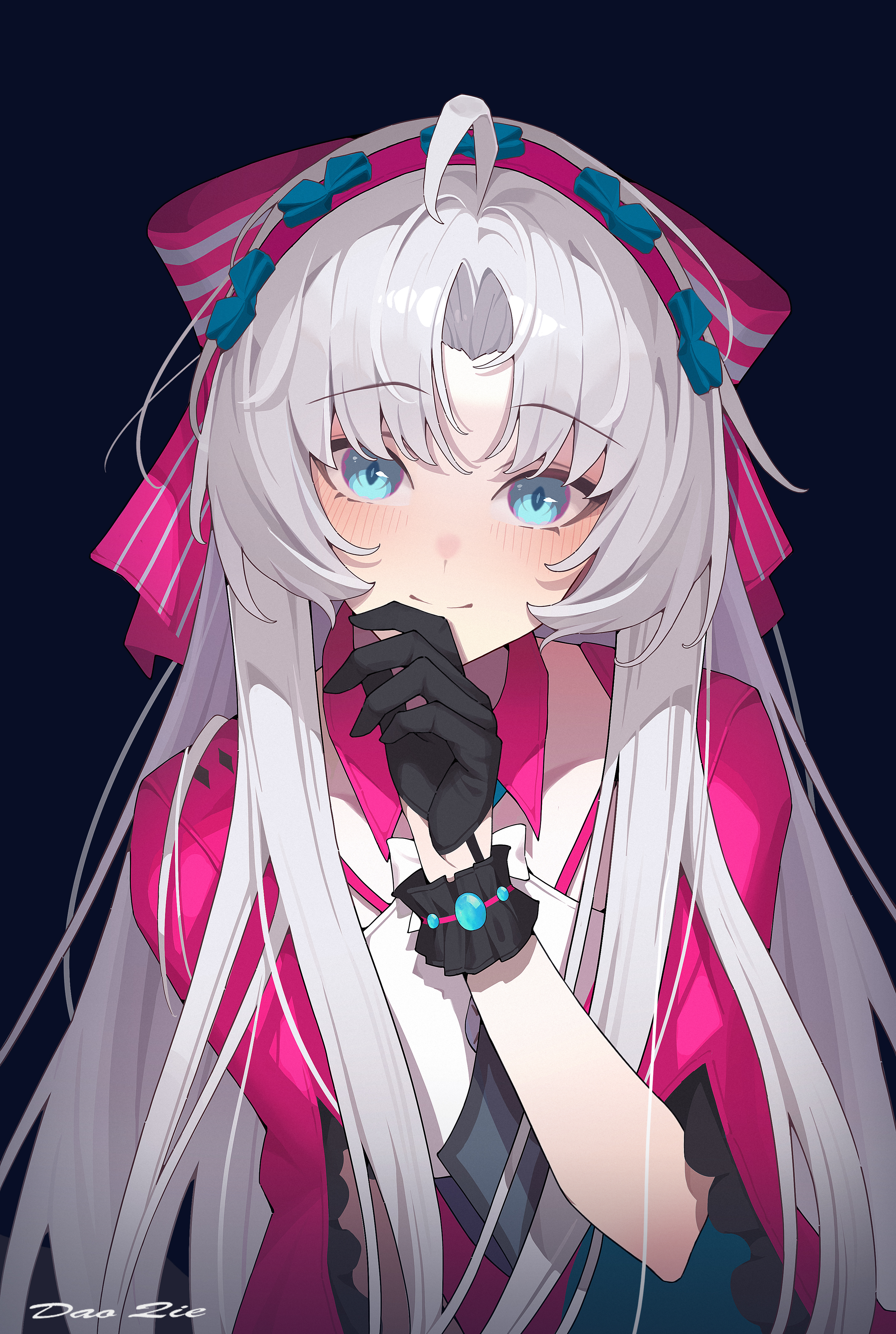 dao qie, carlotta (wuthering waves), wuthering waves, absurdres, commentary, highres, 1girl, ahoge, artist name, black gloves, blue eyes, blush, bow, breasts, closed mouth, dark background, gloves, grey hair, hair bow, hairband, hand up, jacket, long hair, looking at viewer, medium breasts, parted bangs, pink bow, pink hairband, pink jacket, simple background, smile, solo, striped bow, upper body