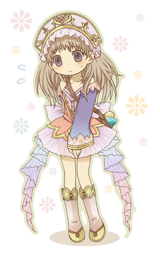 gari (pixiv), totooria helmold, atelier (series), atelier totori, 1girl, bag, blush, boots, brown hair, detached sleeves, dress, female focus, hat, long hair, miniskirt, nervous, skirt, solo