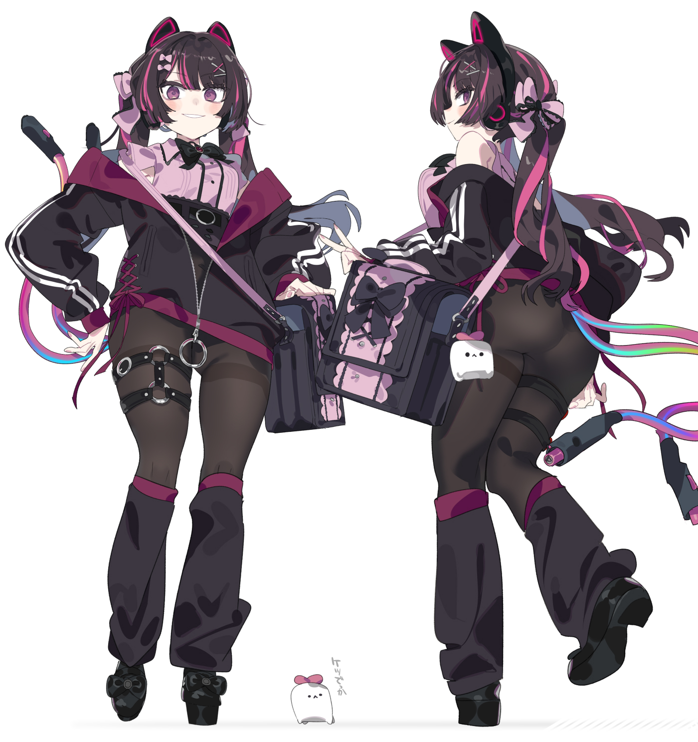 karei, vrchat, commentary request, highres, animal ear headphones, animal ears, ass, bag, bag ribbon, belt, black bag, black bow, black bowtie, black hoodie, black pantyhose, black shoes, black socks, black straps, blunt sidelocks, bow, bowtie, breasts, brown hair, brown pantyhose, cable, cable tail, cat ear headphones, cat ears, collared shirt, covered navel, facing viewer, fake animal ears, frilled shirt, frills, from behind, from below, grin, hand on own hip, head bow, headphones, hood, hoodie, looking back, loose hair strand, loose socks, low twintails, maon (vrchat), mechanical tail, multicolored hair, multiple thigh straps, multiple views, no panties, open clothes, open hoodie, pantyhose, pink bow, pink hair, pink shirt, purple eyes, shirt, shoes, shoulder bag, sidelocks, sleeveless, sleeveless shirt, small breasts, smile, socks, standing, standing on one leg, streaked hair, swept bangs, tail, thigh strap, thighband pantyhose, twintails, v, zipper