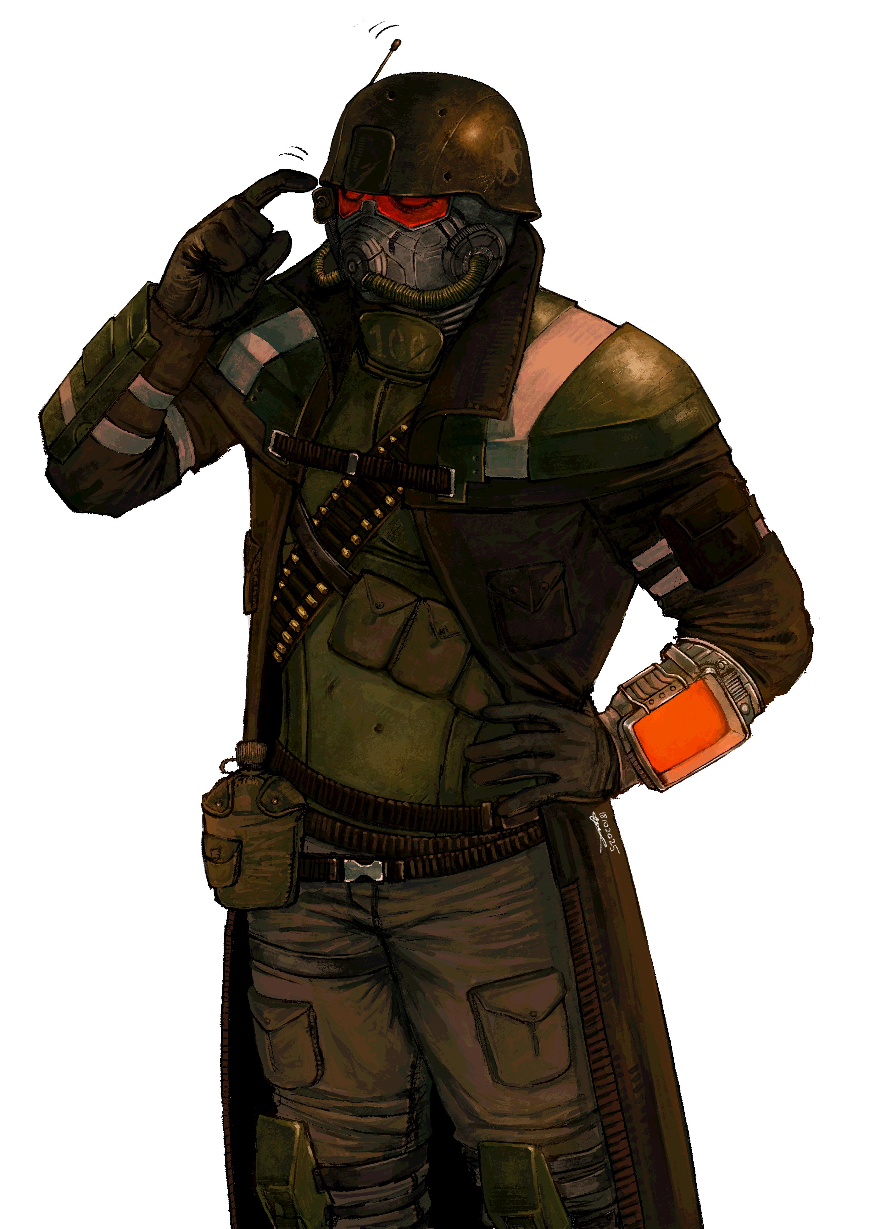anagorah, courier (fallout: new vegas), ncr veteran ranger, fallout, fallout: new vegas, absurdres, commentary, english commentary, highres, 1other, armor, assault visor, bandolier, belt, brown belt, brown coat, brown pants, buckle, bulletproof vest, canteen, cargo pants, coat, dated, feet out of frame, gas mask, hand on own hip, hand up, helmet, index finger raised, knee pads, long sleeves, mask, motion lines, open clothes, open coat, other focus, pants, pip boy, radio antenna, red visor, shoulder armor, signature, simple background, snap-fit buckle, solo, standing, star (symbol), white background