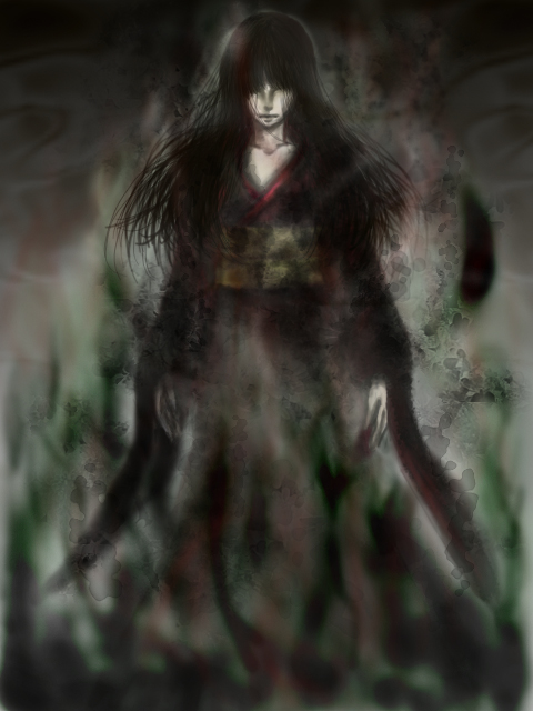 haibara sakuya, fatal frame, fatal frame: mask of the lunar eclipse, black fire, black hair, fire, ghost, japanese clothes, kimono, long hair, no eyes, solo, spirit, tears