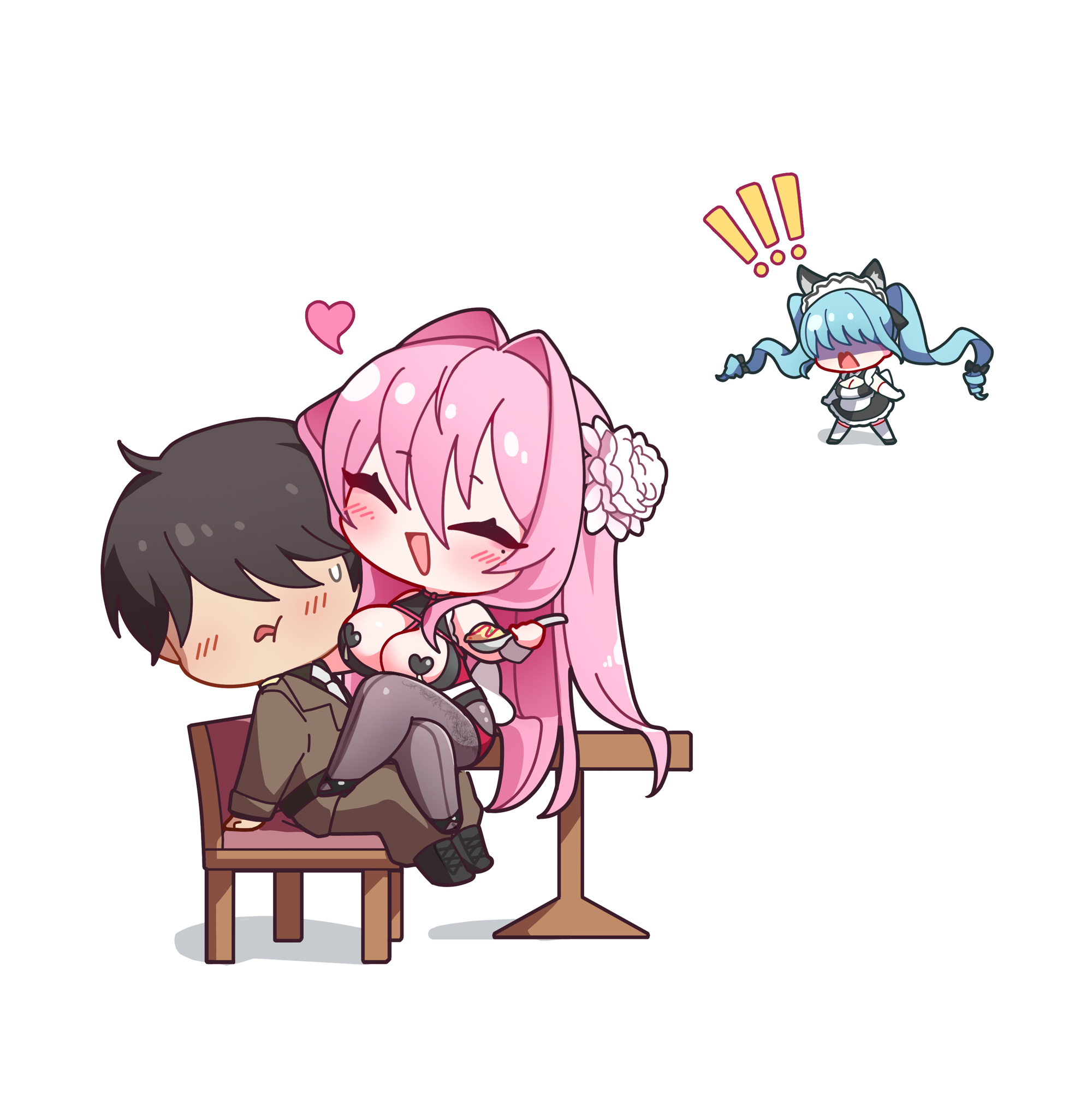 uz (uzru0428), commander (nikke), privaty (nikke), privaty (unkind maid) (nikke), velvet (nikke), goddess of victory: nikke, commentary request, highres, korean commentary, !, 1boy, 2girls, ahoge, bare shoulders, black hair, blue hair, breasts, chibi, chibi only, cleavage, closed eyes, crossed legs, hair between eyes, hair ornament, heart, heart pasties, holding, holding spoon, long hair, maid, maid headdress, mole, mole under eye, multiple girls, nervous sweating, official alternate costume, open mouth, pasties, pink hair, shaded face, simple background, sitting, sitting on lap, sitting on person, spoon, sweat, table, twintails