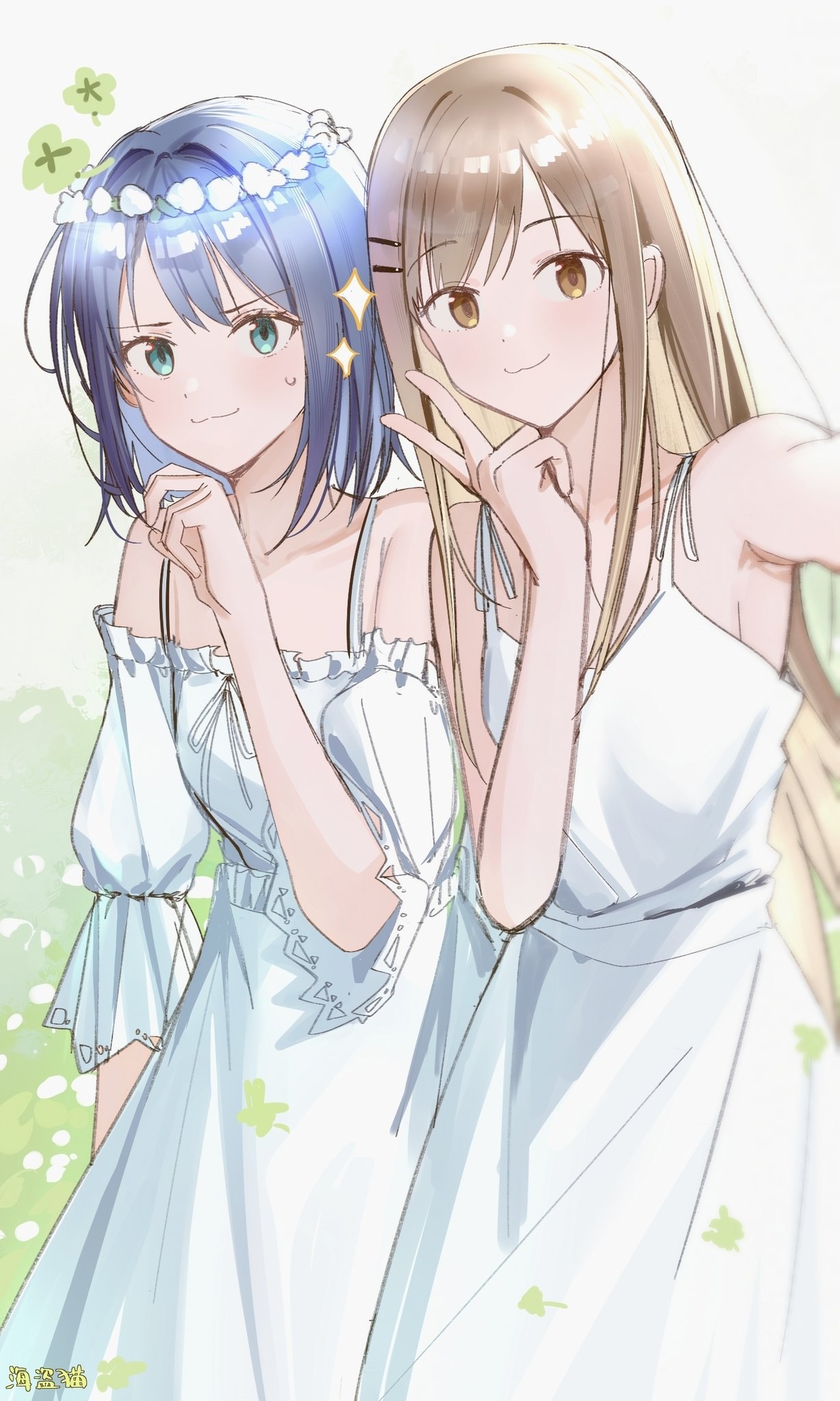 haidao mao, adachi sakura, shimamura hougetsu, adachi to shimamura, chinese commentary, commentary, highres, 2boys, :3, blue eyes, blue hair, brown eyes, brown hair, closed mouth, dress, hair ornament, hairclip, head wreath, long hair, looking at viewer, medium hair, multiple boys, off-shoulder dress, off shoulder, parallel hairclips, selfie, short sleeves, sleeveless, sleeveless dress, spaghetti strap, sparkle, sweatdrop, v, white dress