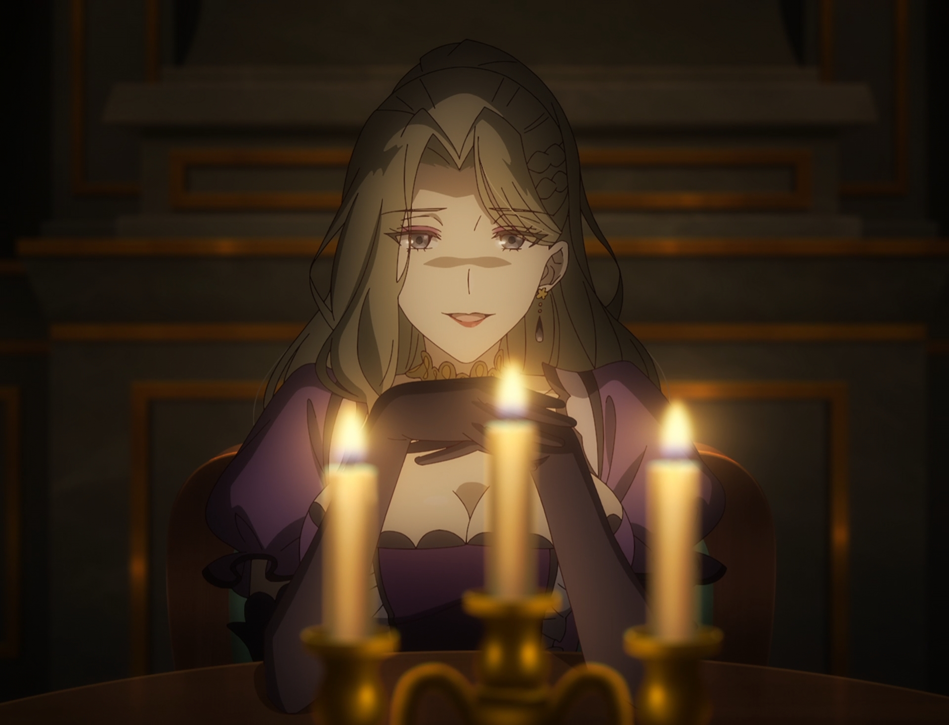 deborah darkian, eris no seihai, stitched, third-party edit, 1girl, breasts, candle, cleavage, earrings, jewelry, large breasts, long hair, solo
