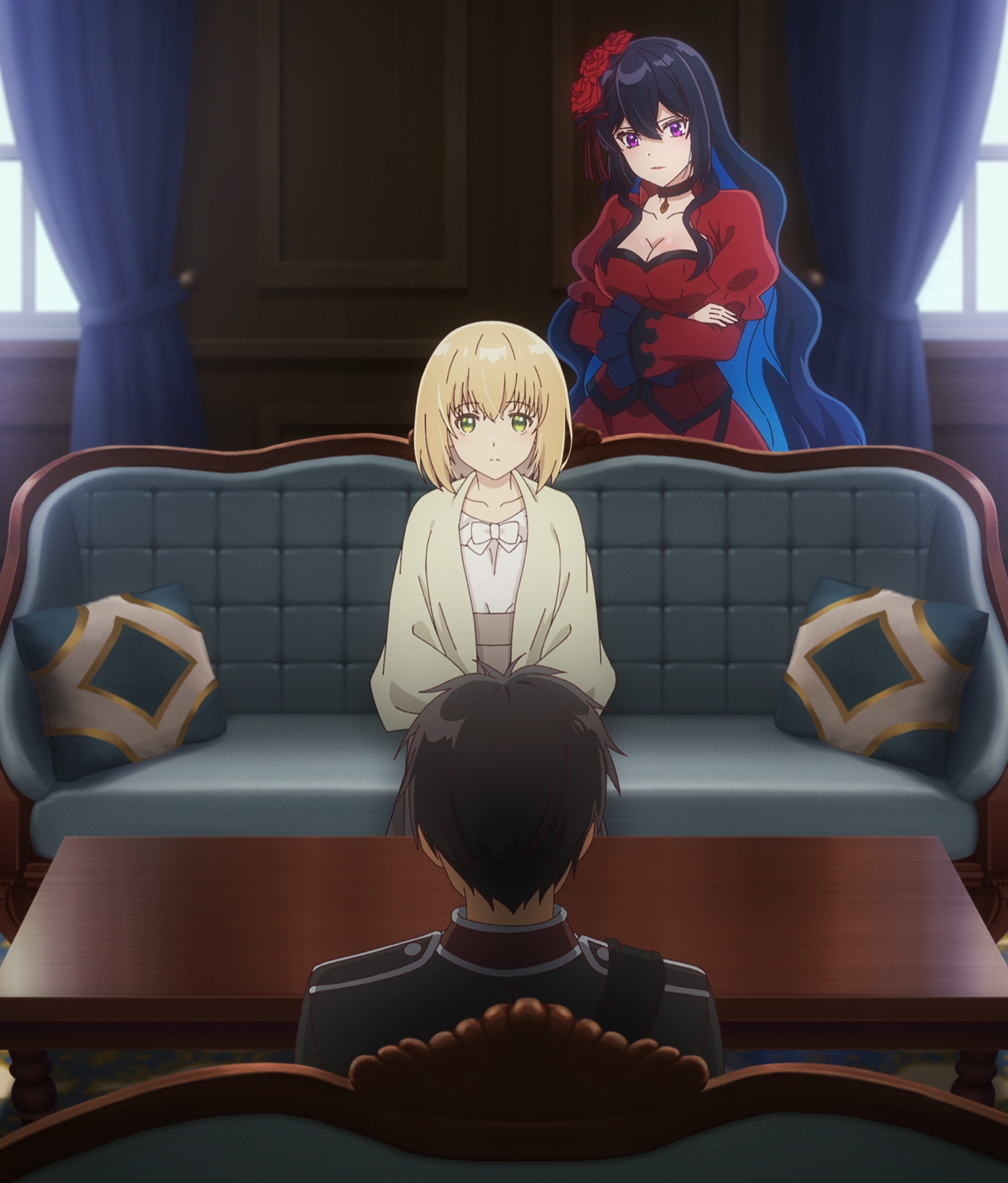 constance grail, scarlet castiel, eris no seihai, stitched, third-party edit, black hair, blonde hair, breasts, cleavage, green eyes, large breasts, long hair, purple eyes