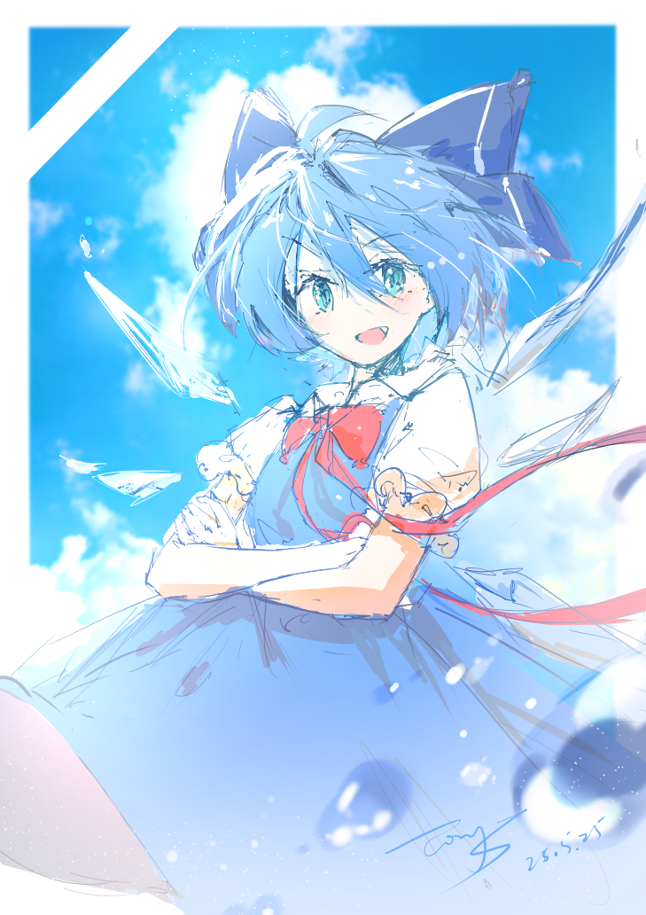 t0nys, cirno, touhou, chinese commentary, commentary request, 1girl, blue bow, blue dress, blue eyes, blue hair, blue sky, blush, bow, cloud, collared shirt, crossed arms, day, detached wings, dress, fang, hair bow, ice, ice wings, looking at viewer, open mouth, pinafore dress, puffy short sleeves, puffy sleeves, shirt, short sleeves, sky, sleeveless, sleeveless dress, smile, solo, water drop, white shirt, wings