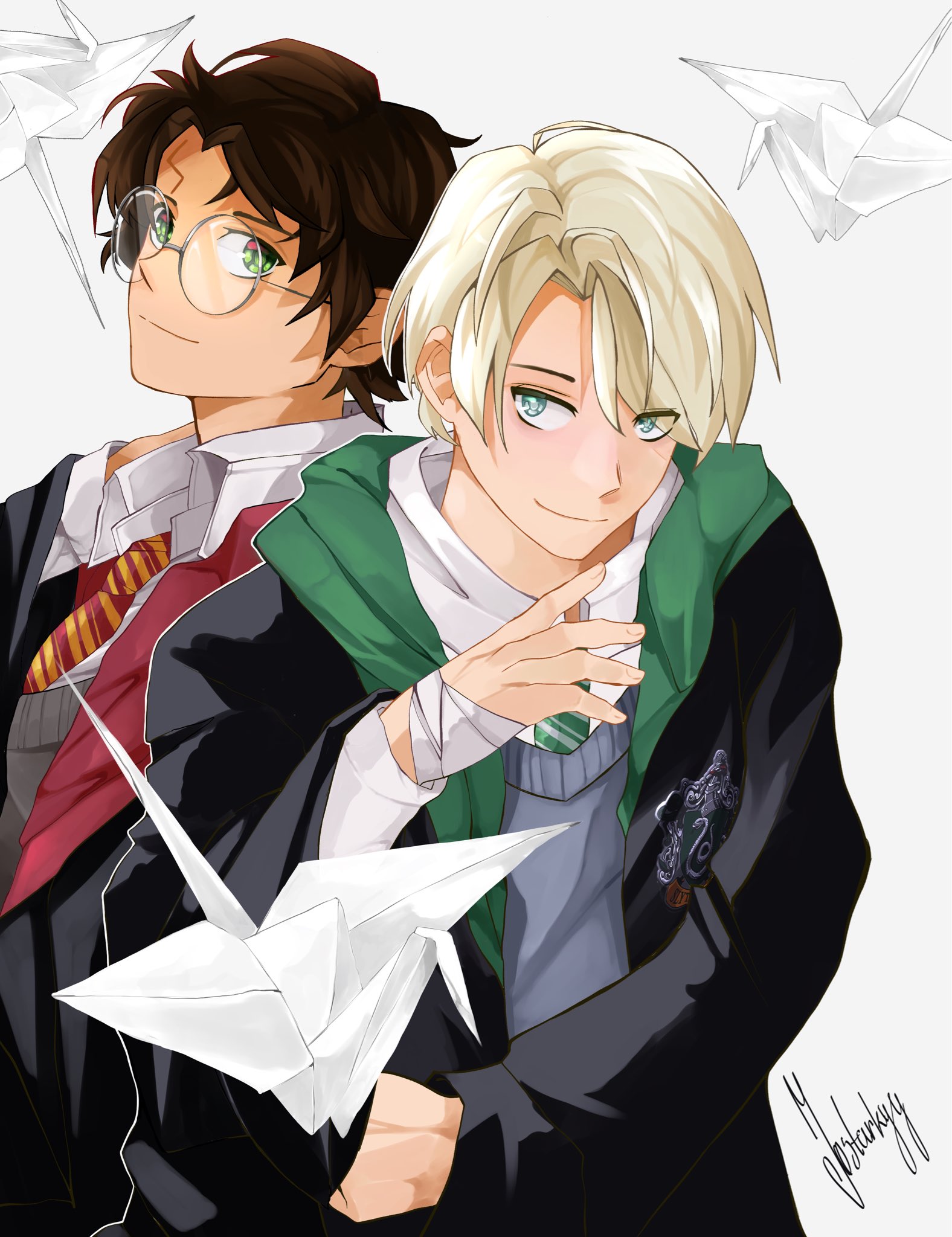 kokojumbolol, draco malfoy, harry potter, harry potter (series), wizarding world, 2boys, bandaged hand, bandages, black robe, blonde hair, blue eyes, brown hair, closed mouth, collar, floating, floating object, flying, glasses, green eyes, grey background, gryffindor, hogwarts school uniform, light smile, lightning bolt symbol, male focus, multiple boys, necktie, origami, paper crane, robe, scar, scar on face, scar on forehead, school uniform, shirt, short hair, simple background, slytherin, striped necktie, white shirt, wing collar