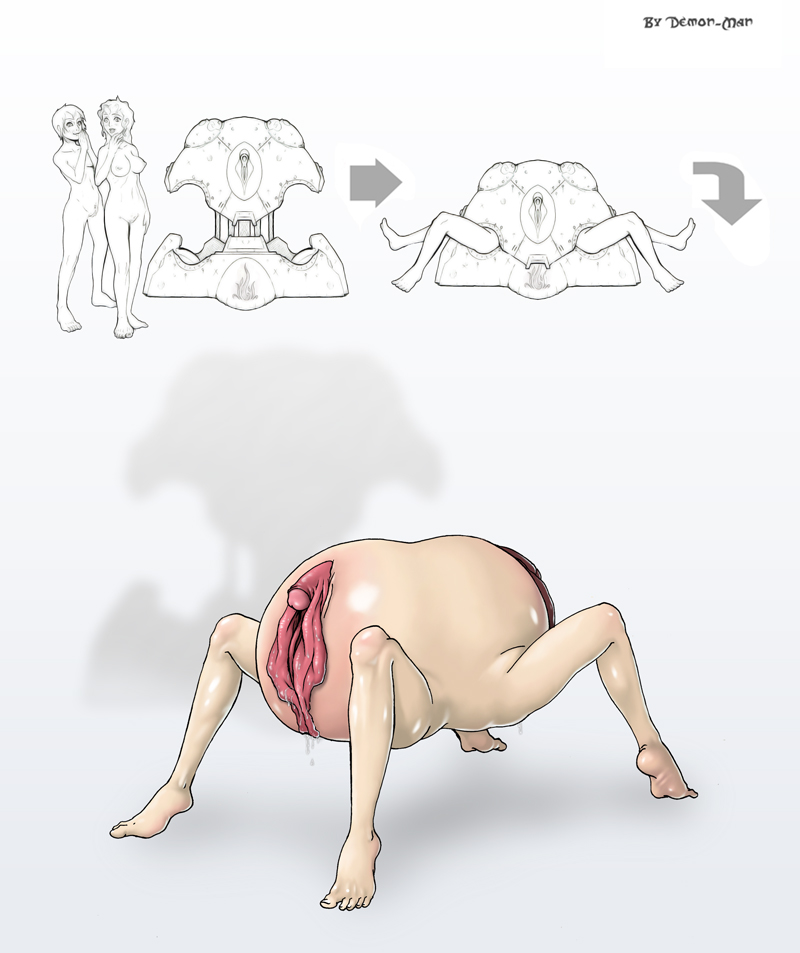 abomination, original, 2girls, barefoot, demonicnisroc, feet, legs, machine, multiple girls, pussy, toes, transformation, what