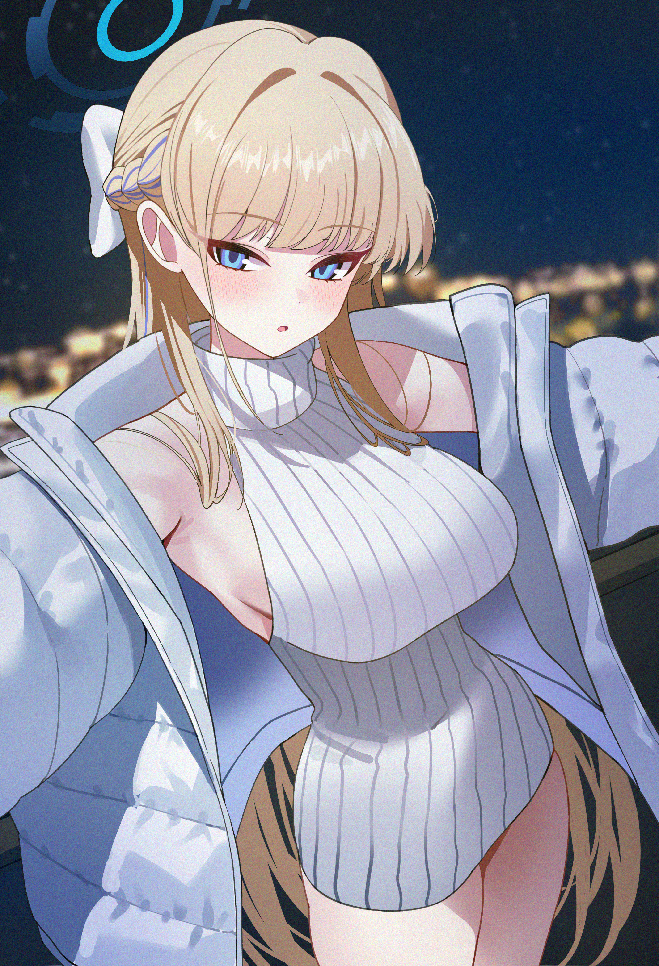 mango (mango0208), toki (blue archive), blue archive, absurdres, commentary, commission, english commentary, highres, pixiv commission, alternate costume, blonde hair, blue eyes, blue halo, blue jacket, blue streaks, blurry, blurry background, bow, breasts, casual, down jacket, dress, hair bow, halo, jacket, large breasts, long hair, looking at viewer, open clothes, open jacket, sleeveless, sleeveless sweater, sleeveless turtleneck, sweater, sweater dress, turtleneck, turtleneck sweater