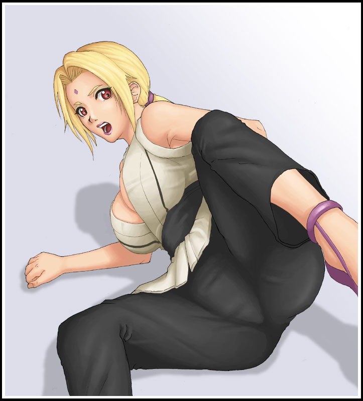 thor (deep rising), tsunade (naruto), naruto (classic), naruto (series), 1girl, arm support, blonde hair, breasts, cleavage, facial mark, female focus, forehead mark, lipstick, lying, makeup, on side, open mouth, red eyes, shadow, solo, spread legs