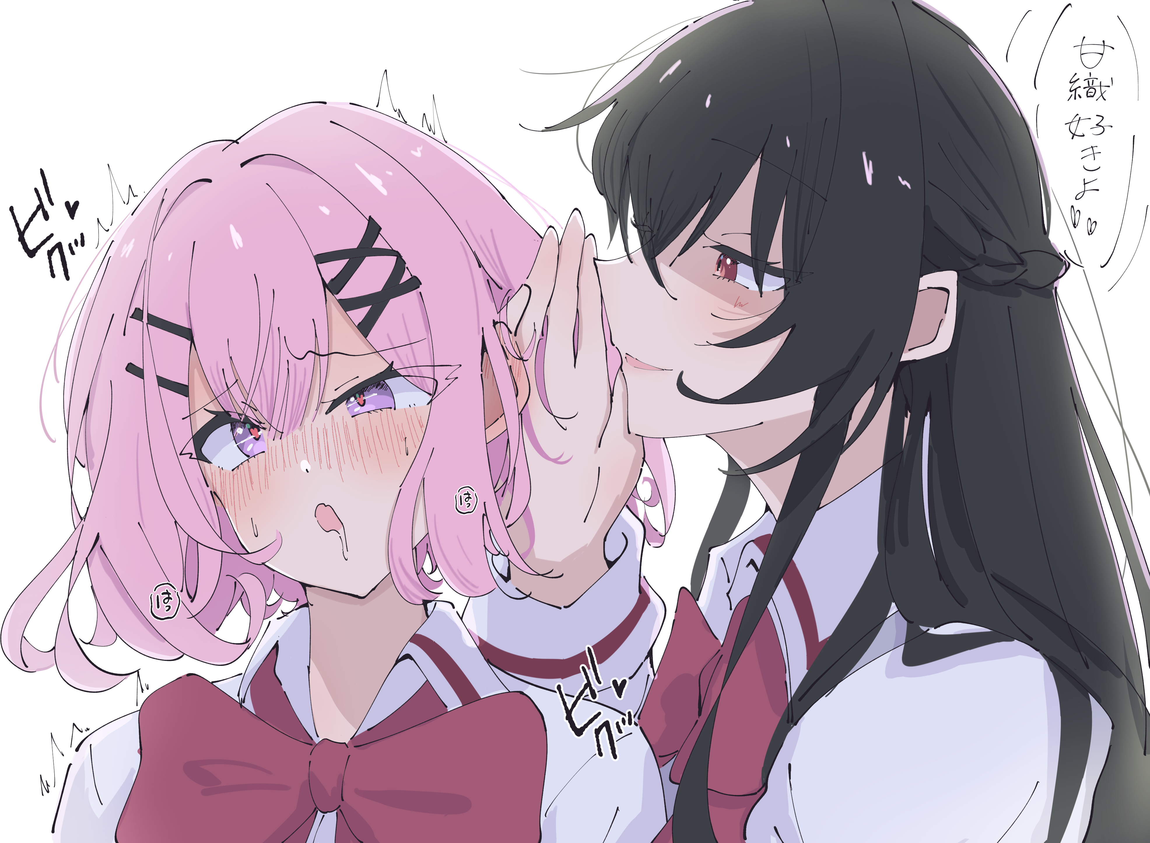 dokusai 0207, amaori renako, koto satsuki, watashi ga koibito ni nareru wake naijan murimuri!, absurdres, commentary request, highres, translation request, 2girls, ashigaya high school uniform, black hair, blush, bow, bowtie, braid, drooling, ear blush, half up braid, heart, heart-shaped pupils, medium hair, multiple girls, parted lips, pink hair, purple eyes, red bow, red bowtie, red eyes, saliva, school uniform, shirt, simple background, smile, speech bubble, symbol-shaped pupils, whispering, white background, white shirt, yuri