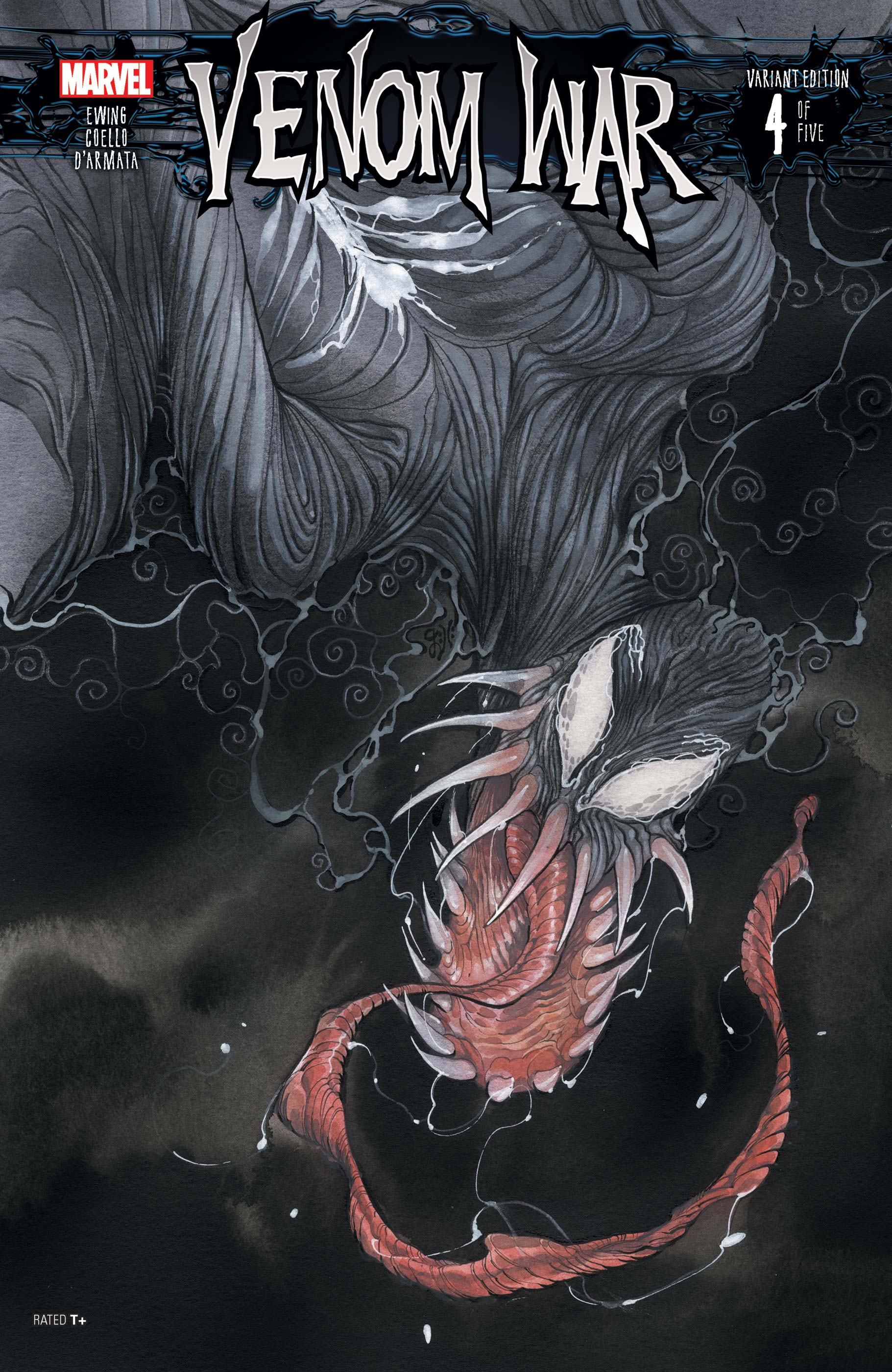 peach momoko, venom (marvel), marvel, spider-man (series), absurdres, comic cover, highres, official art, 1boy, black background, black skin, colored skin, company name, copyright logo, copyright name, cover, cover page, horror (theme), logo, long tongue, looking at viewer, male focus, monster boy, saliva, sharp teeth, slime boy, solo, symbiote, teeth, tongue, upside-down, very long tongue