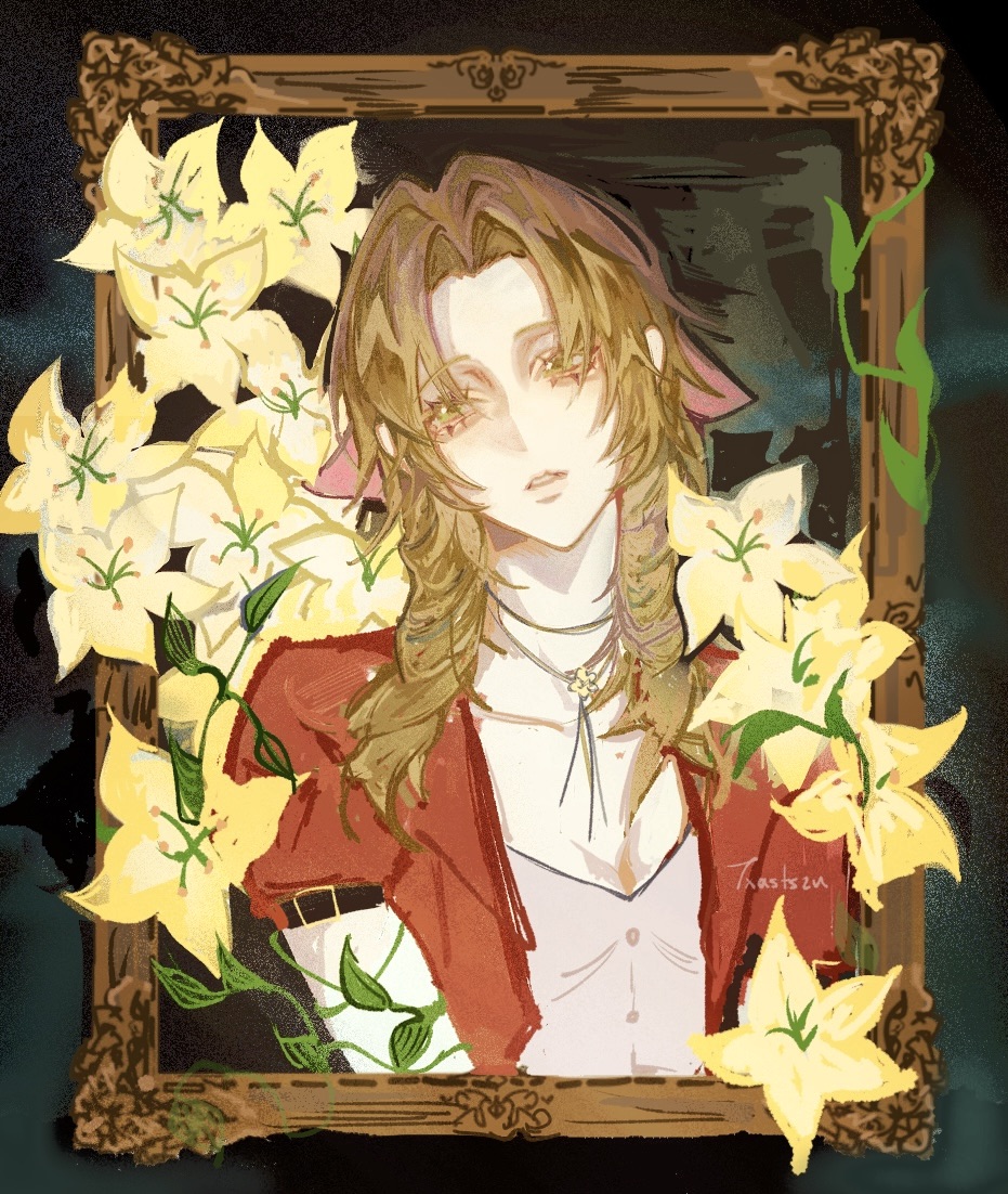 aerith gainsborough, final fantasy, final fantasy vii, final fantasy vii remake, commentary, symbol-only commentary, 1girl, brown hair, choker, flower, flower choker, green eyes, hair ribbon, jacket, jewelry, long hair, looking to the side, necklace, parted bangs, picture frame, pink ribbon, plant, portrait, red jacket, ribbon, txasttszu, vines