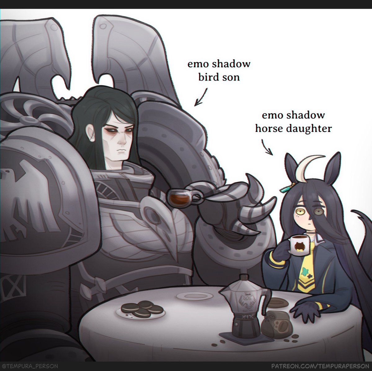 tempura person, konrad curze, manhattan cafe (creeping shadow) (umamusume), manhattan cafe (umamusume), warhammer 40k, commentary, english commentary, 1boy, 1girl, armor, black hair, black sclera, coffee beans, coffee mug, colored sclera, crossover, cup, horse girl, horse tail, long hair, mug, night lords, oreo, pauldrons, power armor, primarch, shoulder armor, size difference, table, tail, yellow eyes