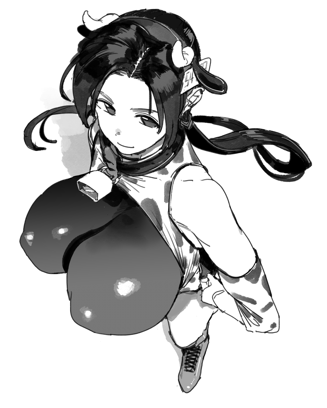 original, highres, 1girl, animal print, black hair, boots, breasts, covered erect nipples, cow horns, cow print, feet, from above, hand on own hip, horns, large breasts, legs, leotard, long hair, looking at viewer, low ponytail, monochrome, ponytail, sketch, smile, solo, thighs