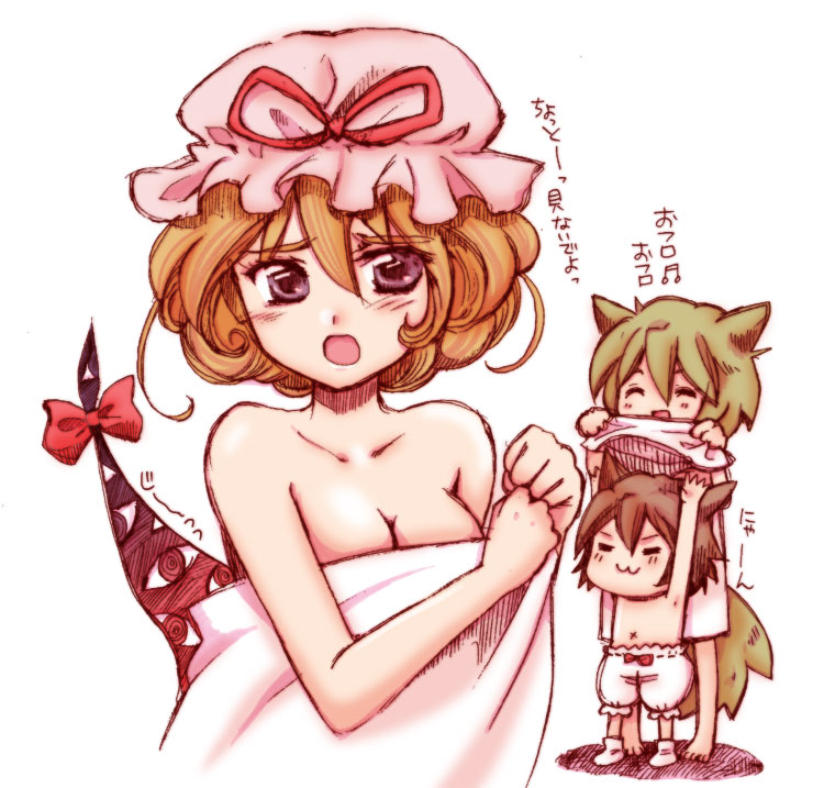 jaack, chen, yakumo ran, yakumo yukari, touhou, 3girls, :3, animal ears, blonde hair, bloomers, blush, bow, brown hair, cat ears, cat girl, cat tail, closed eyes, dressing, female focus, fox ears, fox tail, gap (touhou), happy, hat, hat ribbon, multiple girls, purple eyes, ribbon, short hair, tail, underwear