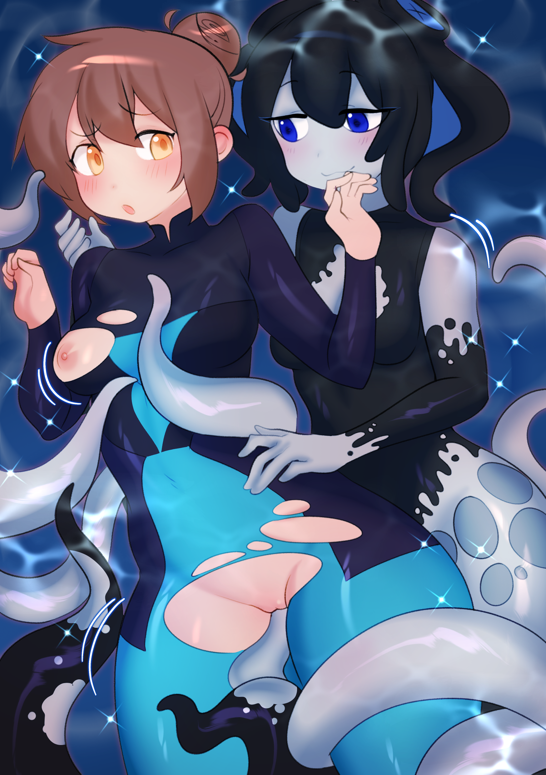 twibli1, phyluma (teuthidan), original, absurdres, commentary, commission, commissioner upload, english commentary, highres, 2girls, blue eyes, blush, breasts, brown eyes, brown hair, consensual tentacles, diving suit, from behind, medium breasts, monster girl, morgan (teuthidan), multiple girls, nipples, scylla, tearing clothes, tentacle hair, tentacle sex, tentacles, torn clothes, torso grab