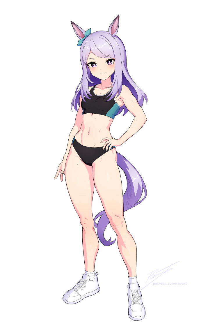 revenantart, mejiro mcqueen (umamusume), umamusume, commentary, english commentary, 1girl, animal ears, aqua bow, bare shoulders, black buruma, black sports bra, blush, bow, breasts, buruma, closed mouth, collarbone, ear bow, ear ribbon, full body, hand on own hip, horse ears, horse girl, horse tail, long hair, looking at viewer, navel, purple eyes, purple hair, shoes, simple background, small breasts, smile, socks, solo, sports bikini, sports bra, standing, stomach, tail, track uniform, white background, white socks