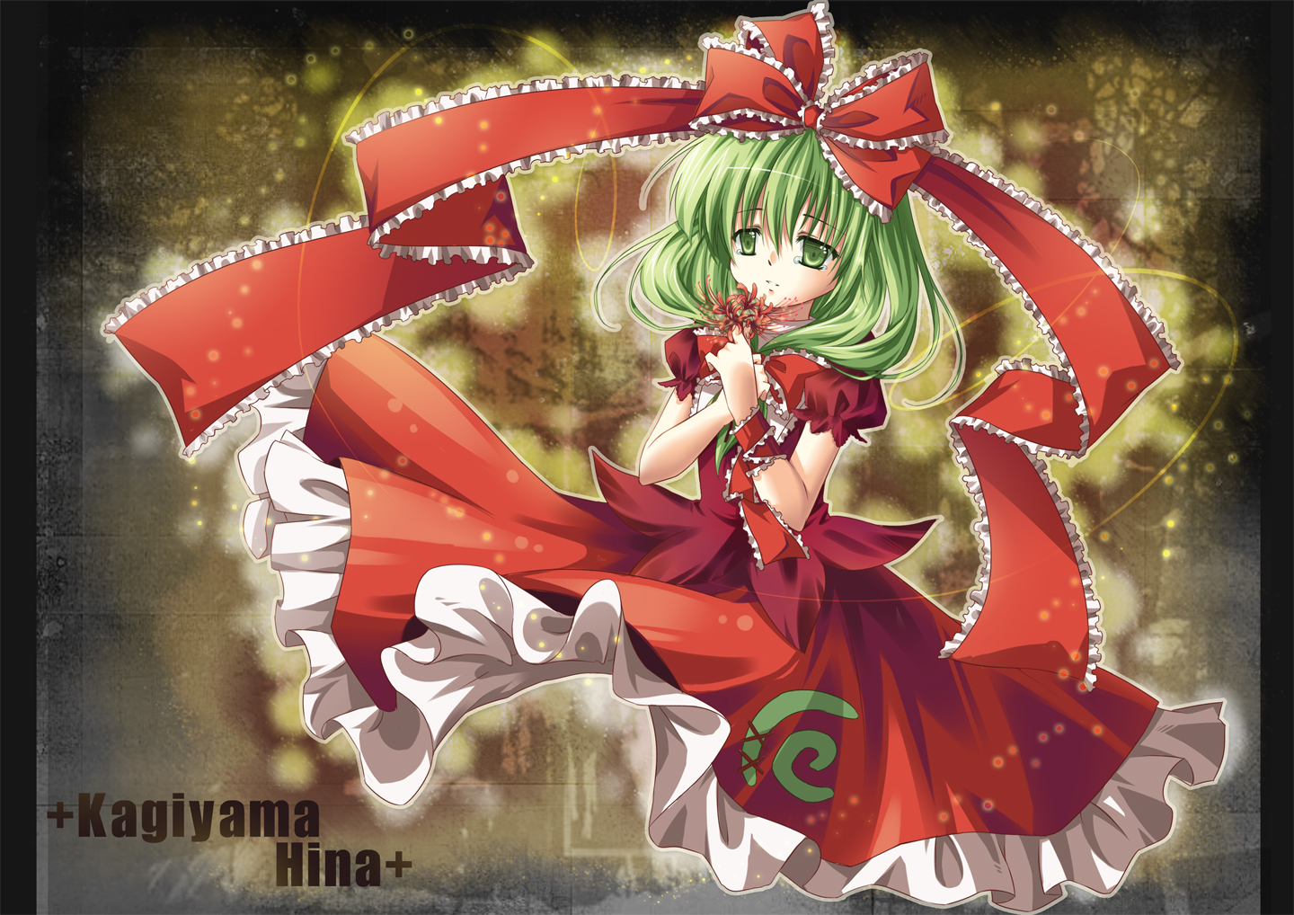 yui (daijun), kagiyama hina, touhou, no legs, 1girl, bow, character name, dress, female focus, flower, front ponytail, green eyes, green hair, hair bow, hair ribbon, matching hair/eyes, pillarboxed, red flower, ribbon, solo, spider lily, tears