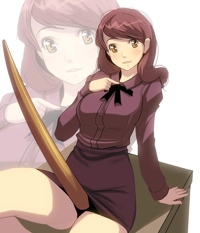 kouno (masao), kinoshita-sensei, ishida to asakura, bad id, bad pixiv id, photoshop (medium), 1girl, arm support, black necktie, blush, brown eyes, brown hair, collared shirt, cowboy shot, desk, dress shirt, facing viewer, female focus, horns, implied futanari, knee up, long hair, looking at viewer, miniskirt, necktie, on desk, parted lips, shirt, short hair, simple background, sitting, skirt, solo, teacher, white background, zoom layer