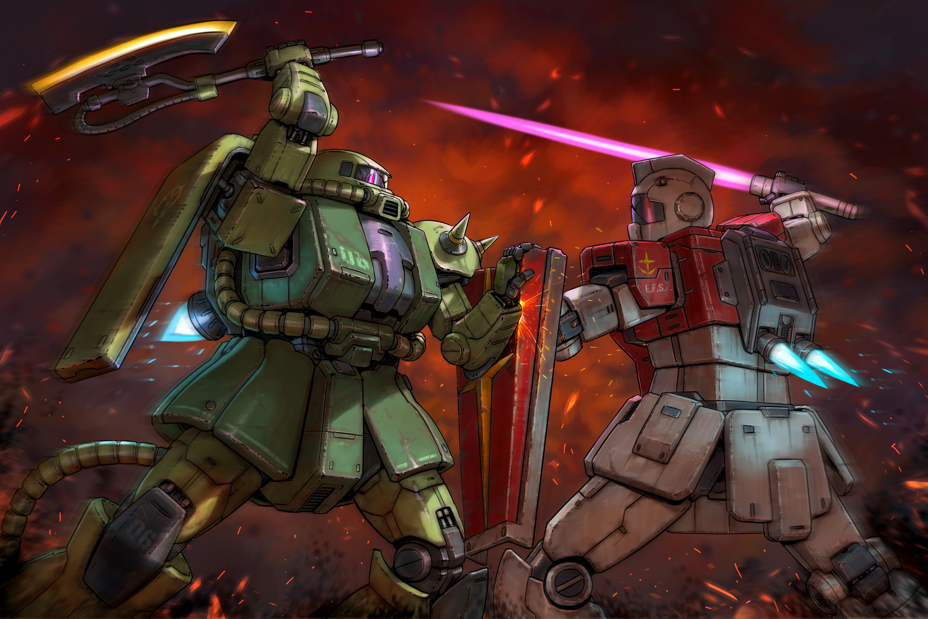 artofwill, gm (mobile suit), zaku ii, gundam, mobile suit gundam, absurdres, commentary, english commentary, highres, assault visor, axe, battle, broken shield, crack, cracked glass, damaged, earth federation space forces, embers, energy sword, exhaust, feet out of frame, heat hawk, holding, holding axe, holding sword, holding weapon, mecha, mecha focus, mobile suit, no humans, one-eyed, red eyes, robot, science fiction, shoulder spikes, smoke, sparks, spikes, standing, sword, thrusters, weapon, zeon