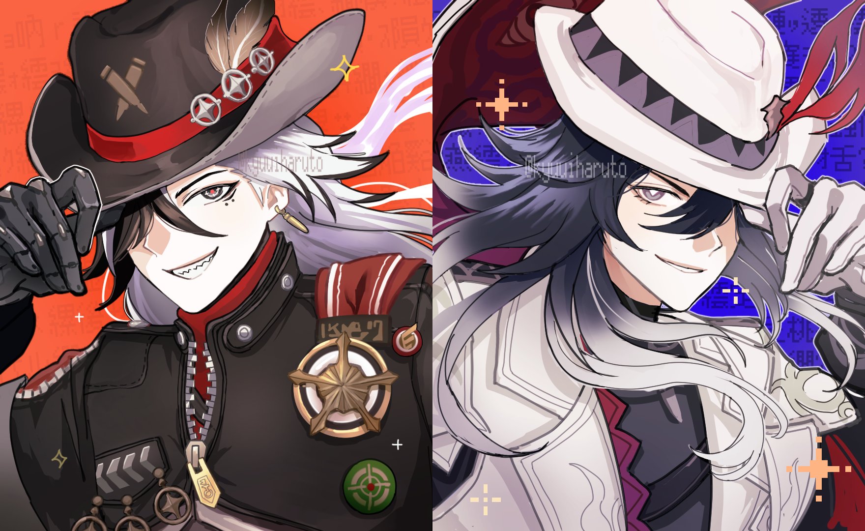 kyuui (kyuuiharuto), ashveil (honkai: star rail), boothill (honkai: star rail), honkai: star rail, honkai (series), commentary request, highres, 2boys, badge, black hair, bright pupils, cowboy hat, earrings, fedora, gloves, gradient hair, grey eyes, hair between eyes, hand on headwear, hat, hat ornament, jacket, jewelry, long hair, male focus, multicolored hair, multiple boys, open clothes, open jacket, red pupils, sharp teeth, single earring, smile, streaked hair, symbol-shaped pupils, teeth, turtleneck, white hair, white pupils, zipper