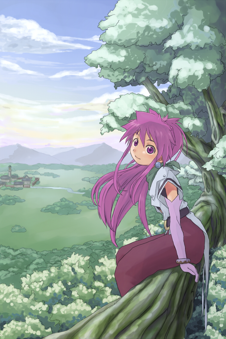 toraneko, arche klein, tales of (series), tales of phantasia, commentary request, 1girl, blue sky, cloud, in tree, long hair, looking at viewer, nature, outdoors, purple eyes, purple hair, scenery, sitting, sitting in tree, sky, smile, solo, tree