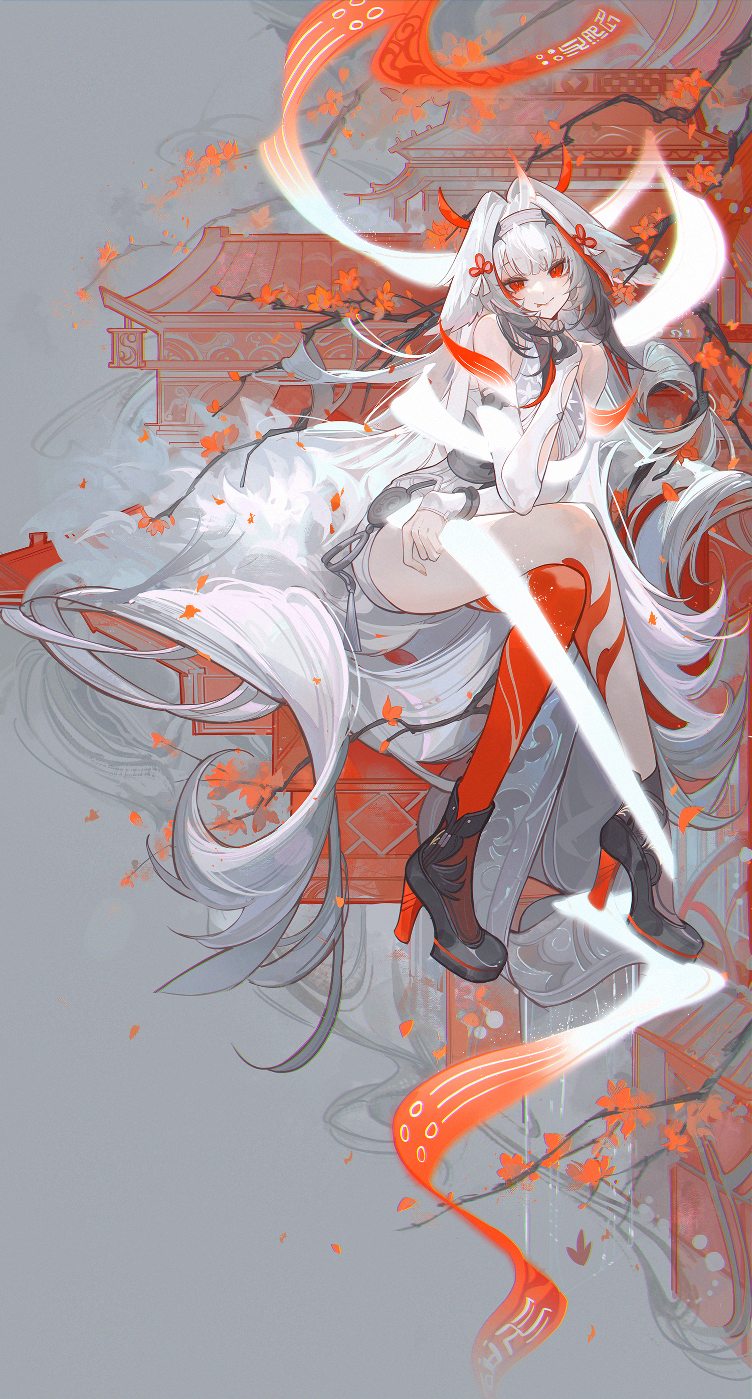 wanwu (nighmist), ye shunguang, zenless zone zero, absurdres, commentary request, highres, 1girl, animal ear fluff, animal ears, architecture, bare shoulders, black hair, black shoes, branch, breasts, china dress, chinese clothes, closed mouth, clover, clover hair ornament, crossed legs, dress, droopy ears, east asian architecture, falling leaves, gradient hair, grey background, hair ornament, hairband, head tilt, leaf, leg tattoo, long hair, looking at viewer, medium breasts, multicolored hair, pelvic curtain, red eyes, red hair, see-through horns, shoes, sitting, solo, tattoo, very long hair, white dress, white hair, white hairband