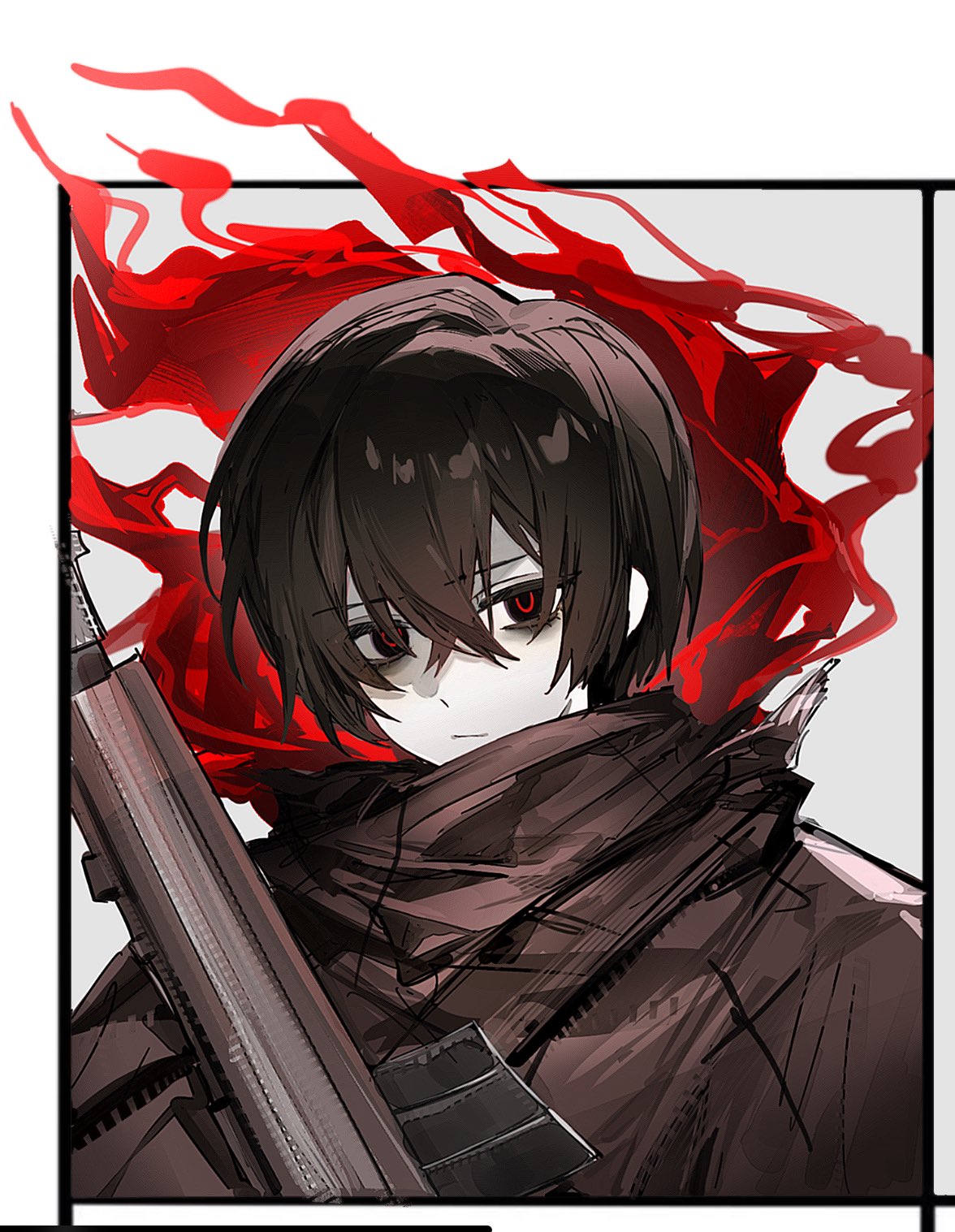 bochishiraita, yi sang (project moon), limbus company, project moon, commentary, highres, symbol-only commentary, weapon request, 1boy, bags under eyes, black eyes, brown coat, brown hair, brown scarf, coat, crossed bangs, e.g.o (project moon), fell bullet (e.g.o), glowing, glowing eyes, gun, hair between eyes, holding, holding gun, holding weapon, looking at viewer, magazine (weapon), male focus, official alternate costume, red aura, scarf, short hair, solo, weapon, white background