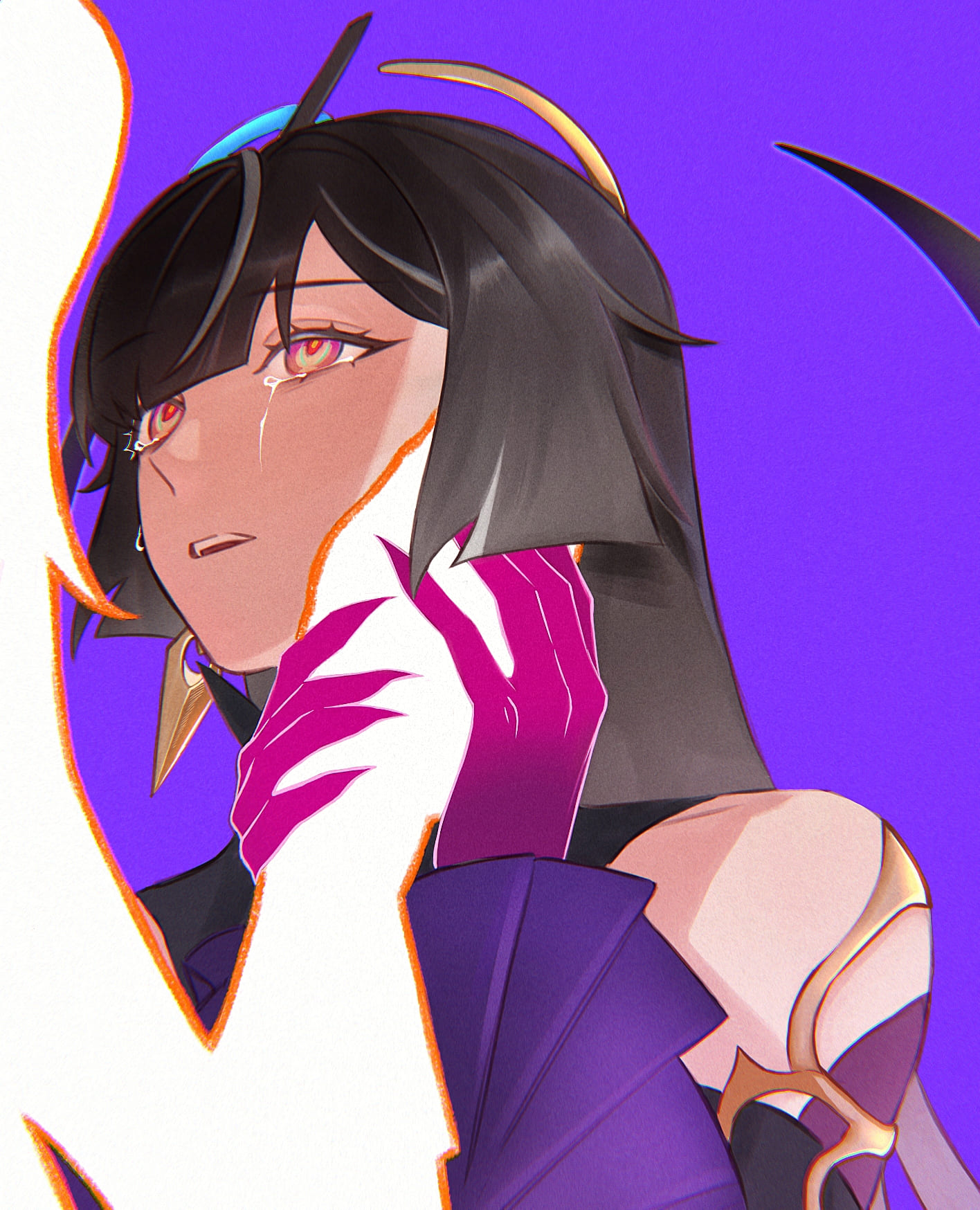 plume.v, leylah (honkai impact), senadina, honkai (series), honkai impact 3rd, commentary, english commentary, highres, 2girls, bare shoulders, brown hair, crying, earrings, fingernails, glowing, green eyes, hair ornament, hand on another's cheek, hand on another's face, holding another's wrist, jewelry, long hair, looking at another, multiple girls, parted lips, pink eyes, purple background, purple hands, red pupils, sharp fingernails, solo focus, streaming tears, tears, teeth, upper teeth only, white streaks, yellow pupils